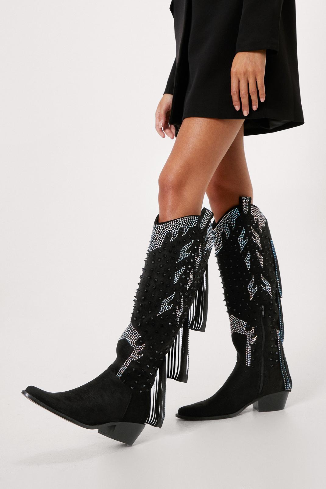 Black Studded Diamante Faux Suede Cowboy Boots image number 1
