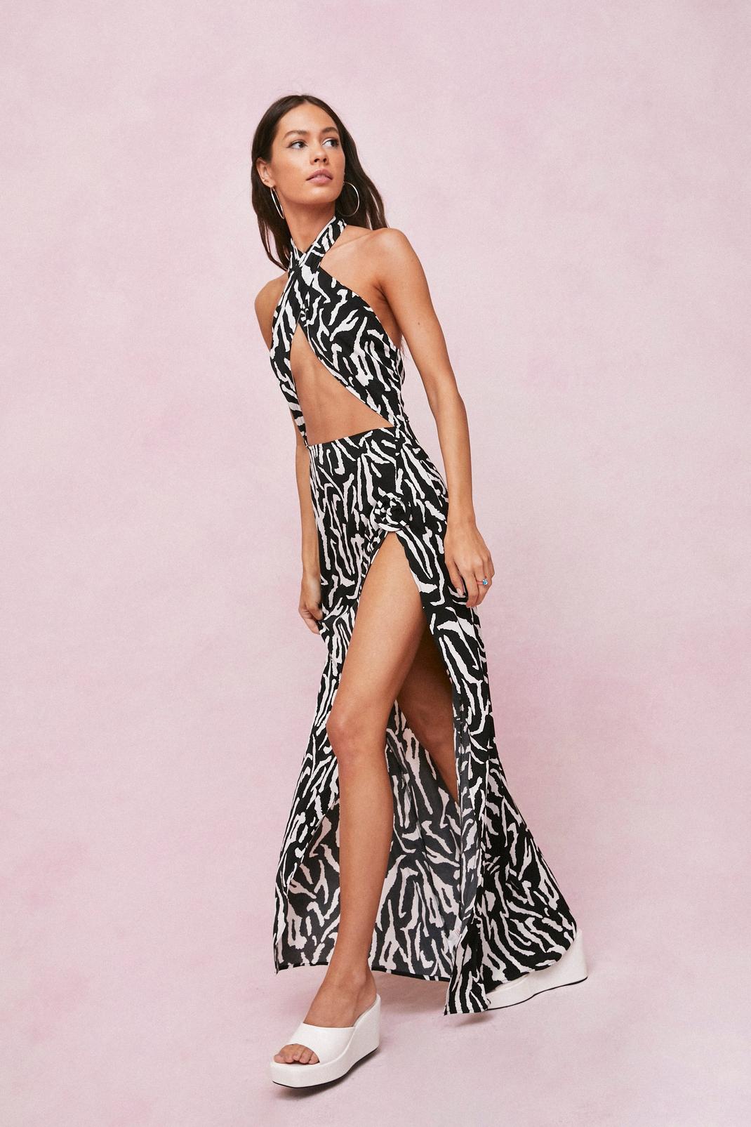 Black Zebra Print Halter Neck Cut Out Maxi Dress image number 1