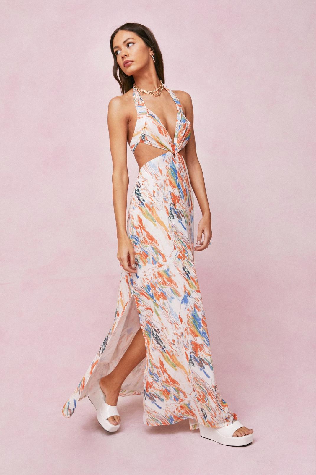 White Abstract Print Halter Neck Maxi Dress image number 1