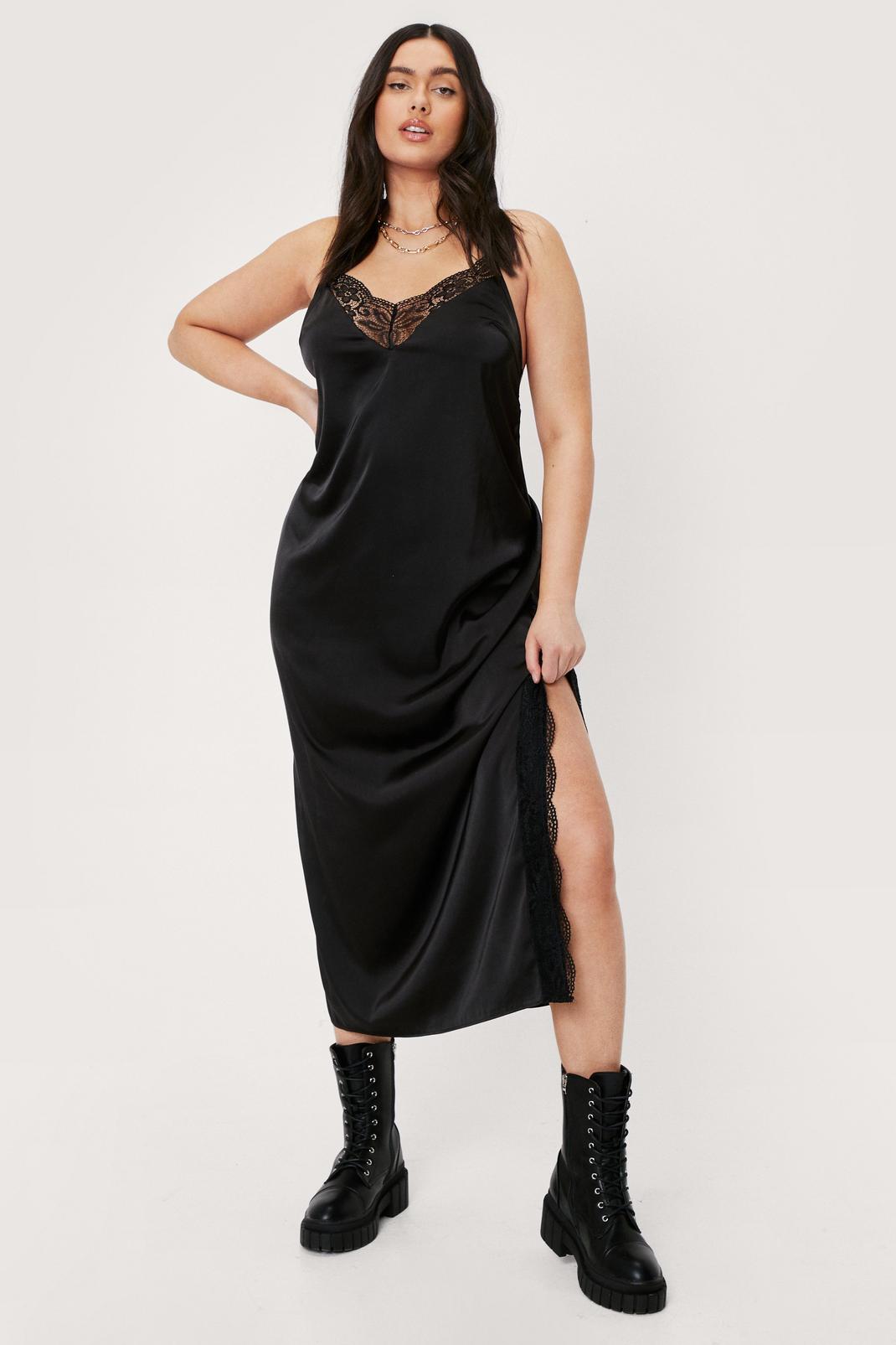 Plus Black Satin Lace Trim Slip Dress