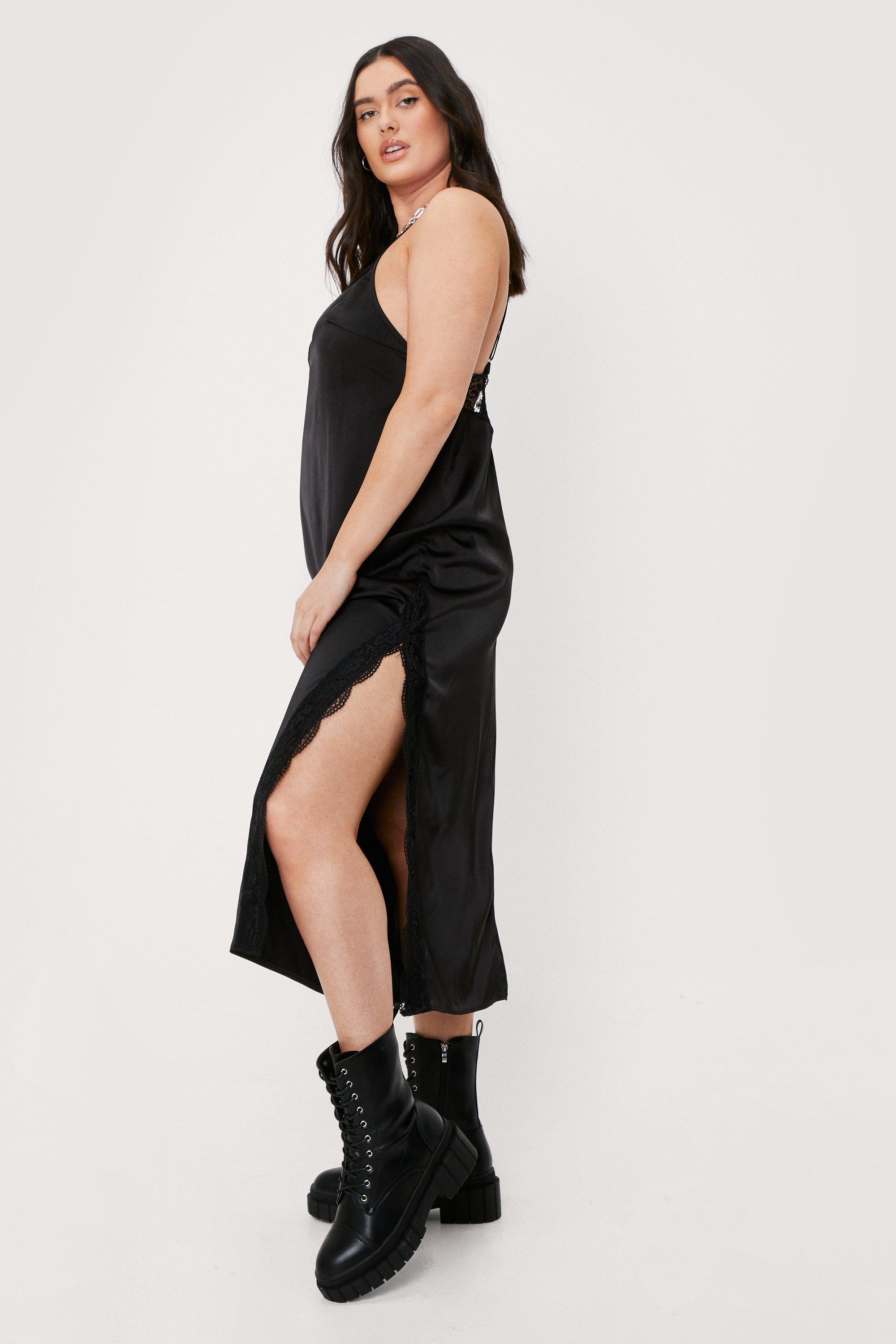 Black Spot Strappy Lace Trim Midi Slip Dress