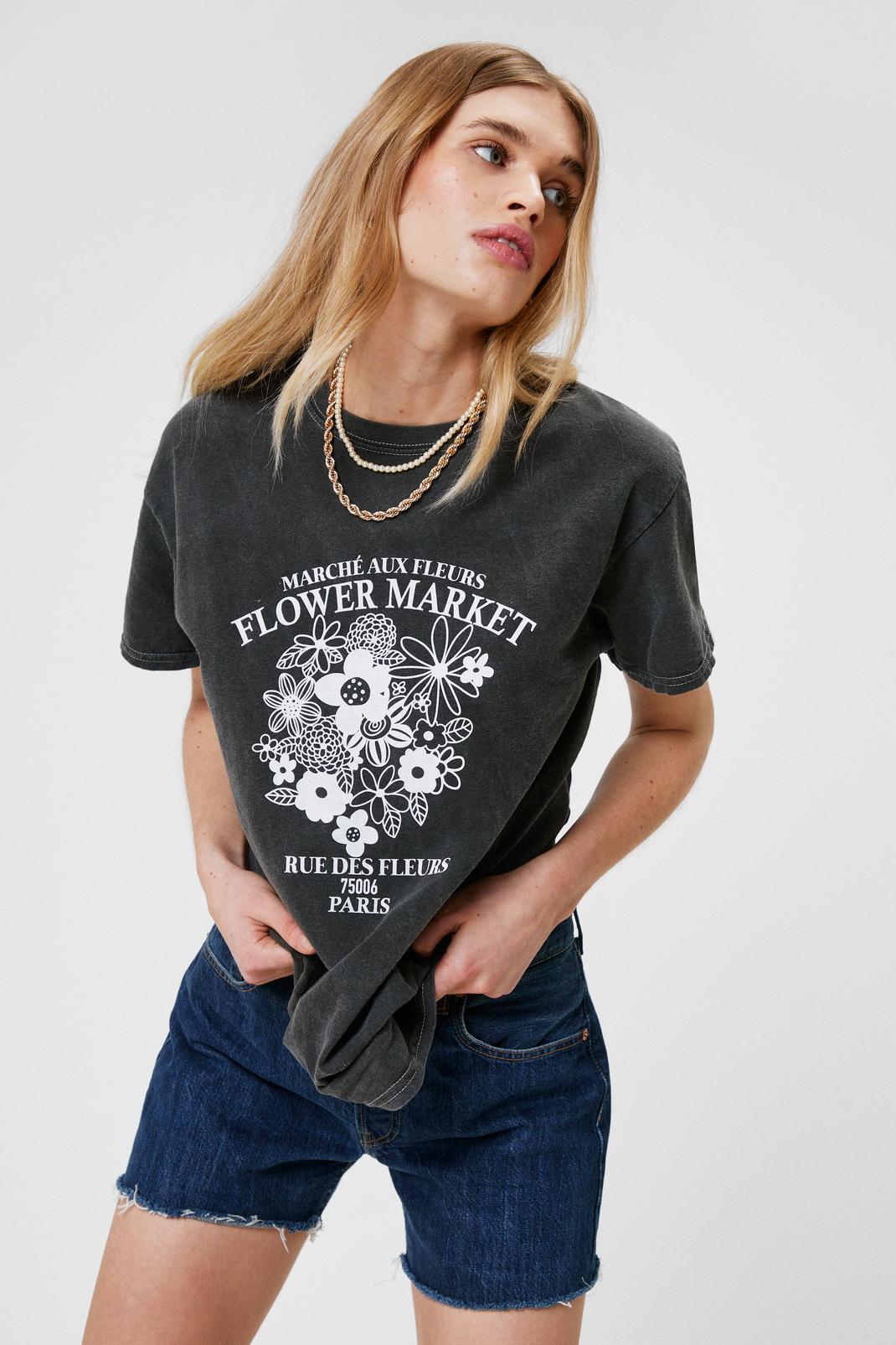T-shirt ample délavé à impressions Flower Market, Charcoal image number 1