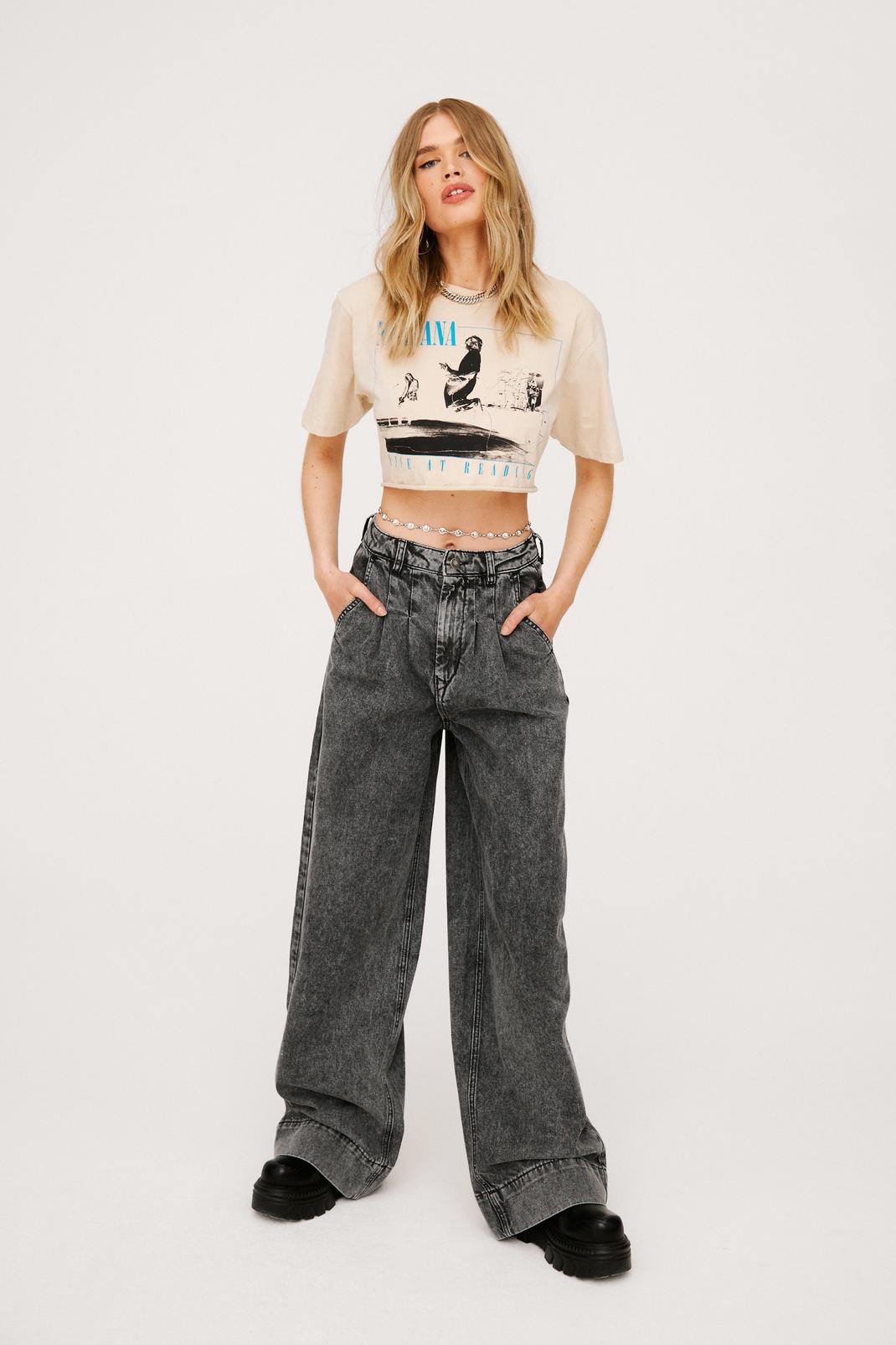 Grey High Waisted Pleat Front Wide Leg Jeans image number 1