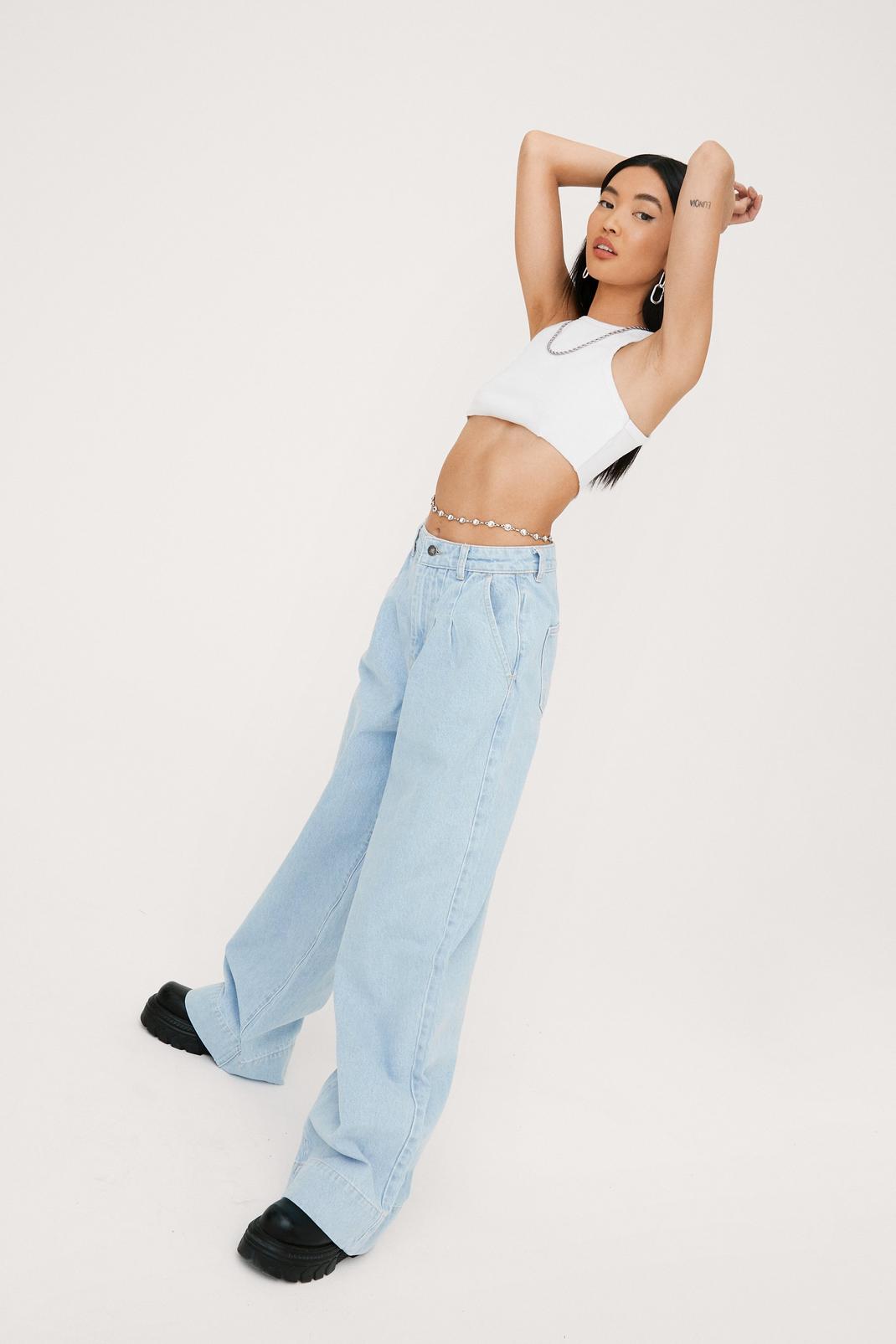 Light blue High Waisted Pleat Front Wide Leg Jeans image number 1