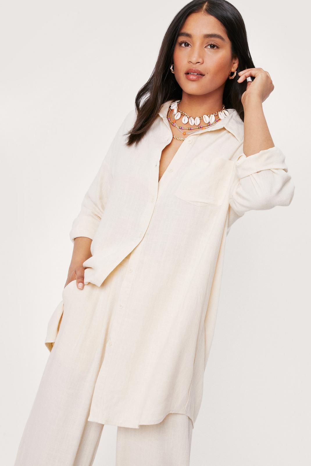 Ivory Linen Look Longline Button Down Shirt image number 1