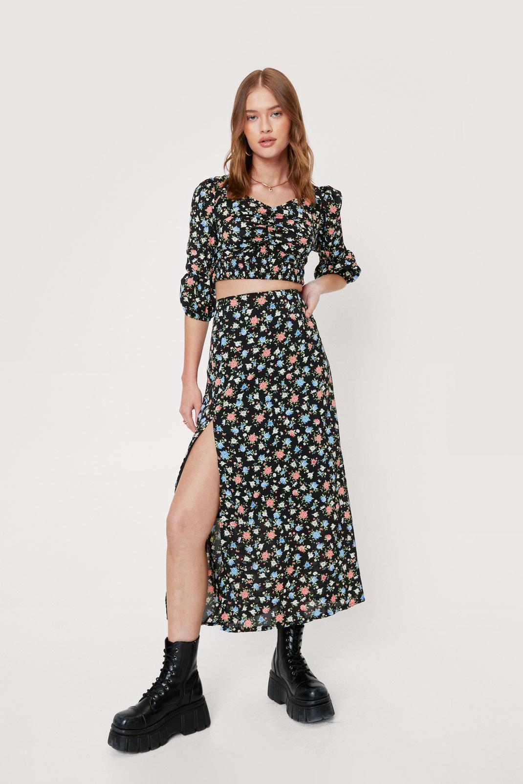 Black Floral Puff Sleeve Top and Midi Skirt Set image number 1