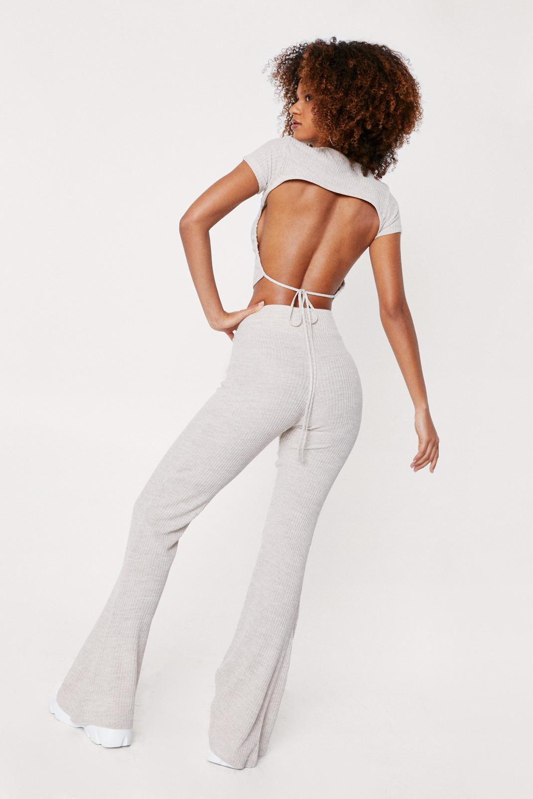 Oatmeal Knitted Open Back Crop Top and Pants Set image number 1