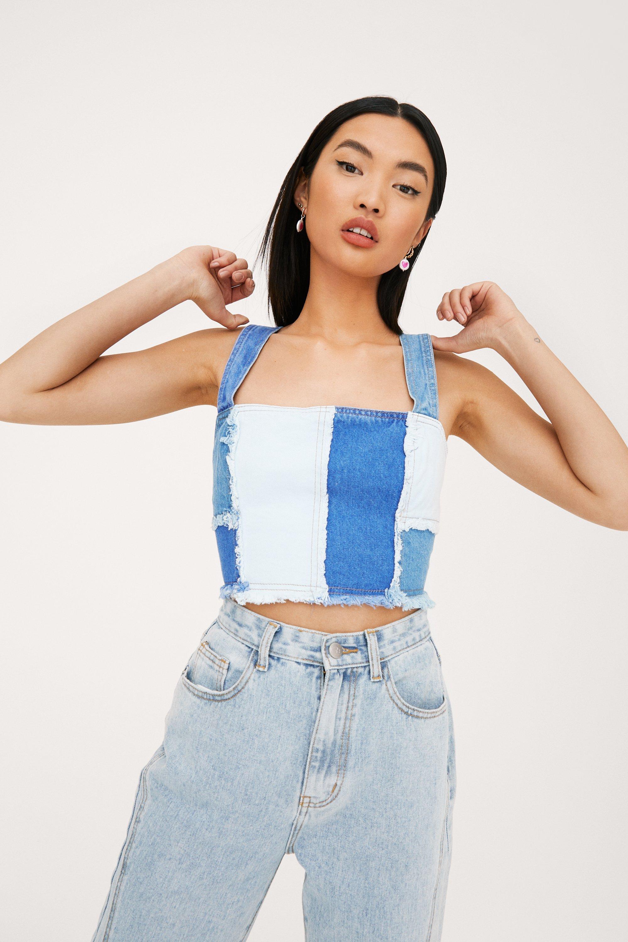 Women's Patchwork Denim Tank Top Distressed Crop Top Fashion Vintage Halter  Zipper Back Vest Top (Cirrcross Back cami, S) : : Clothing &  Accessories