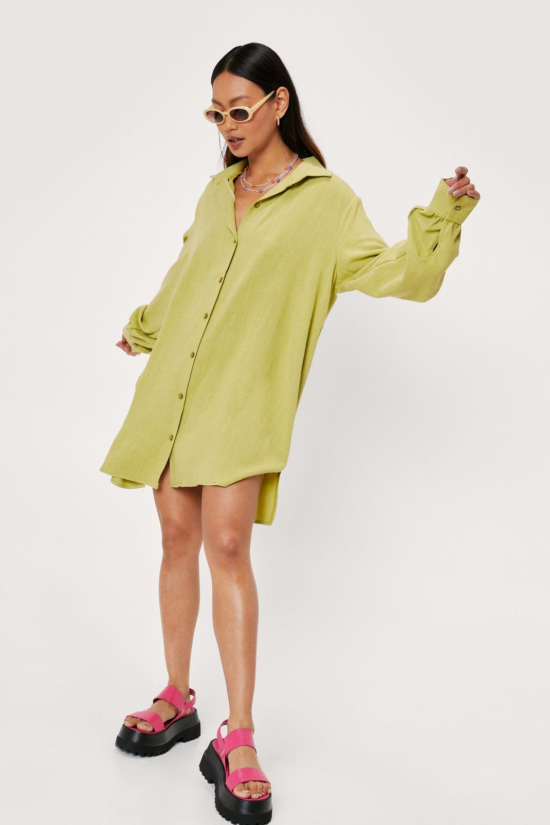 Petite - Robe chemise oversize en lin à revers en pointe, Lime image number 1