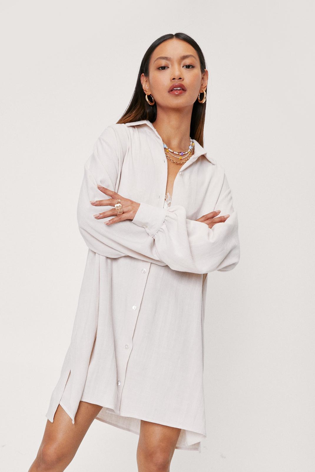 Petite - Robe chemise oversize en lin à revers en pointe, Stone image number 1