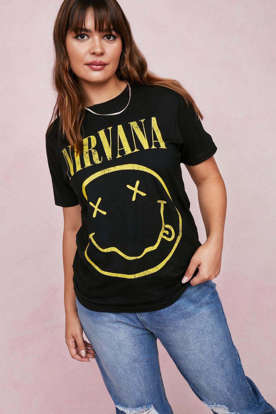 Black Plus Size Nirvana Smiley Graphic Band T-Shirt image number 1