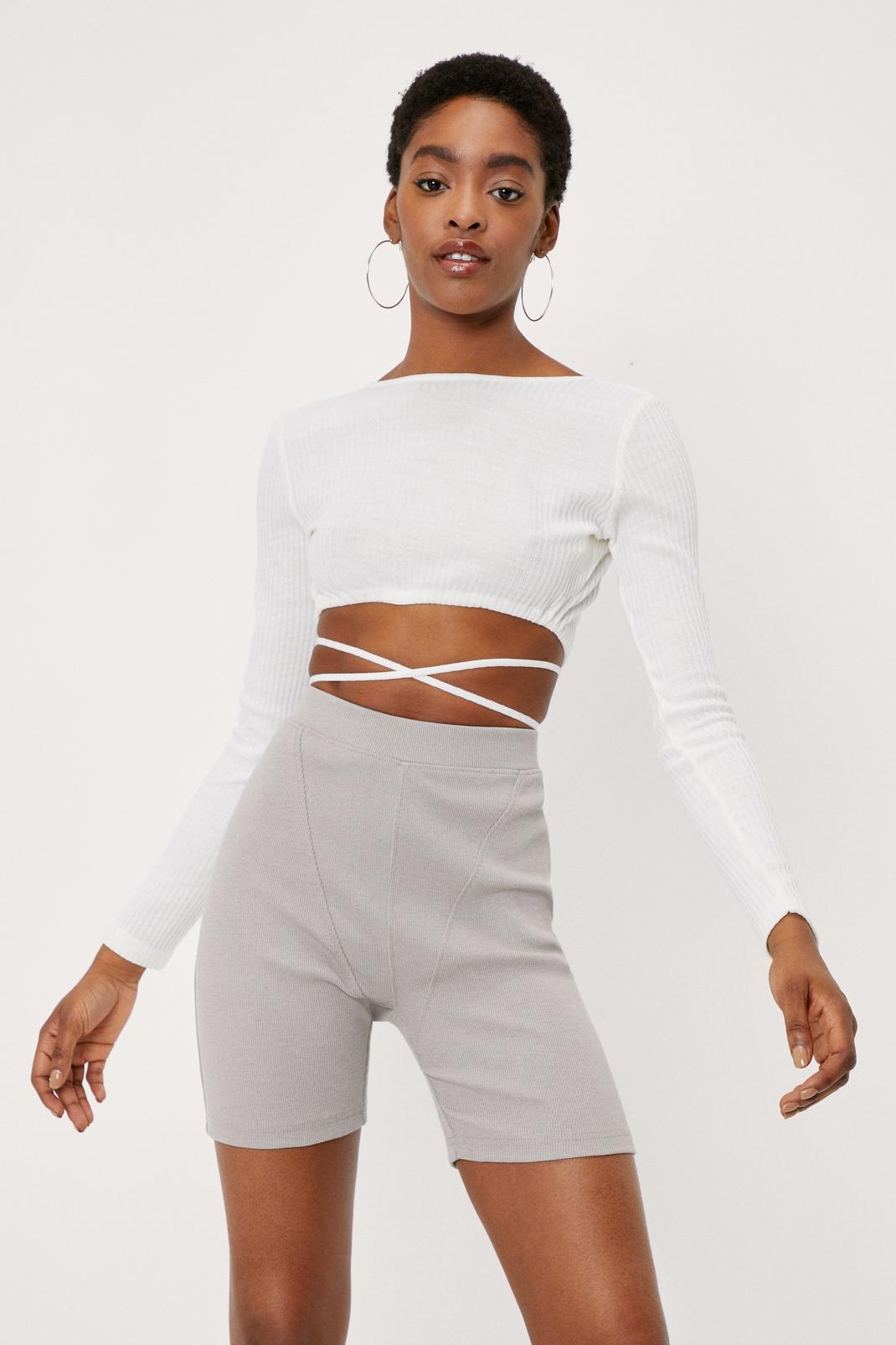 White Knitted Strappy Tie Waist Crop Top image number 1