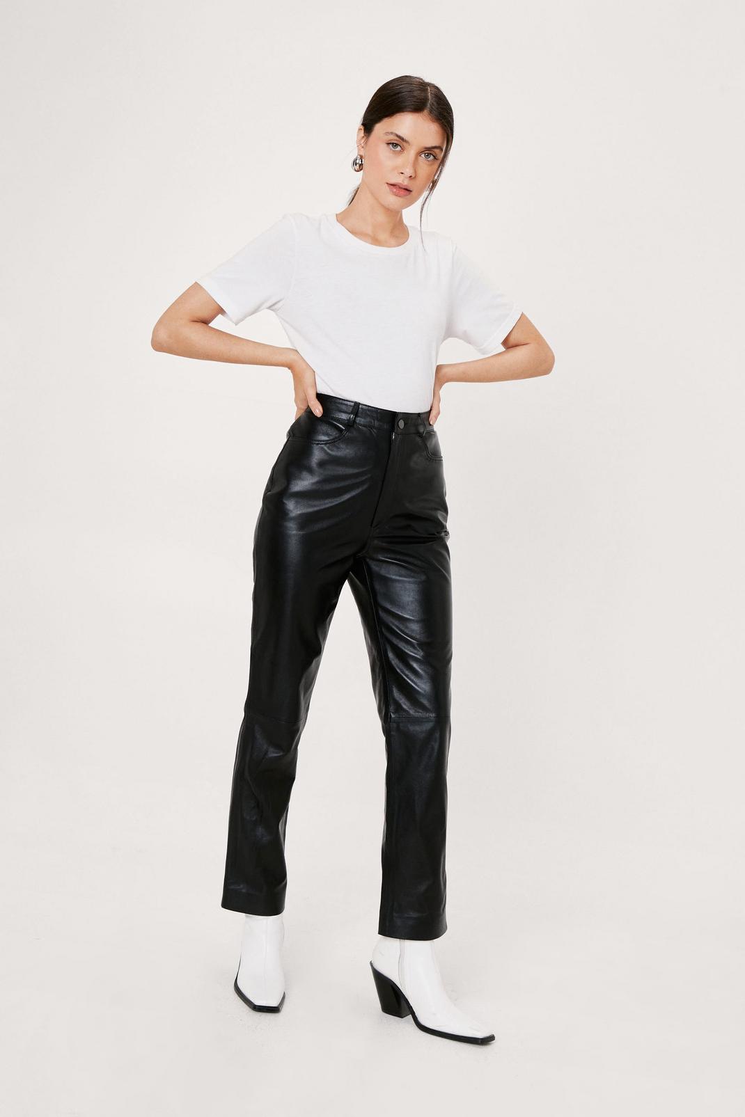 Black Straight Leg High Waisted Real Leather Pants image number 1