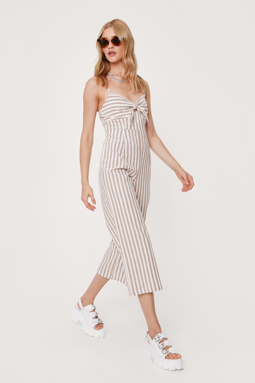 Natural Linen Tie Front Strappy Jumpsuit image number 1