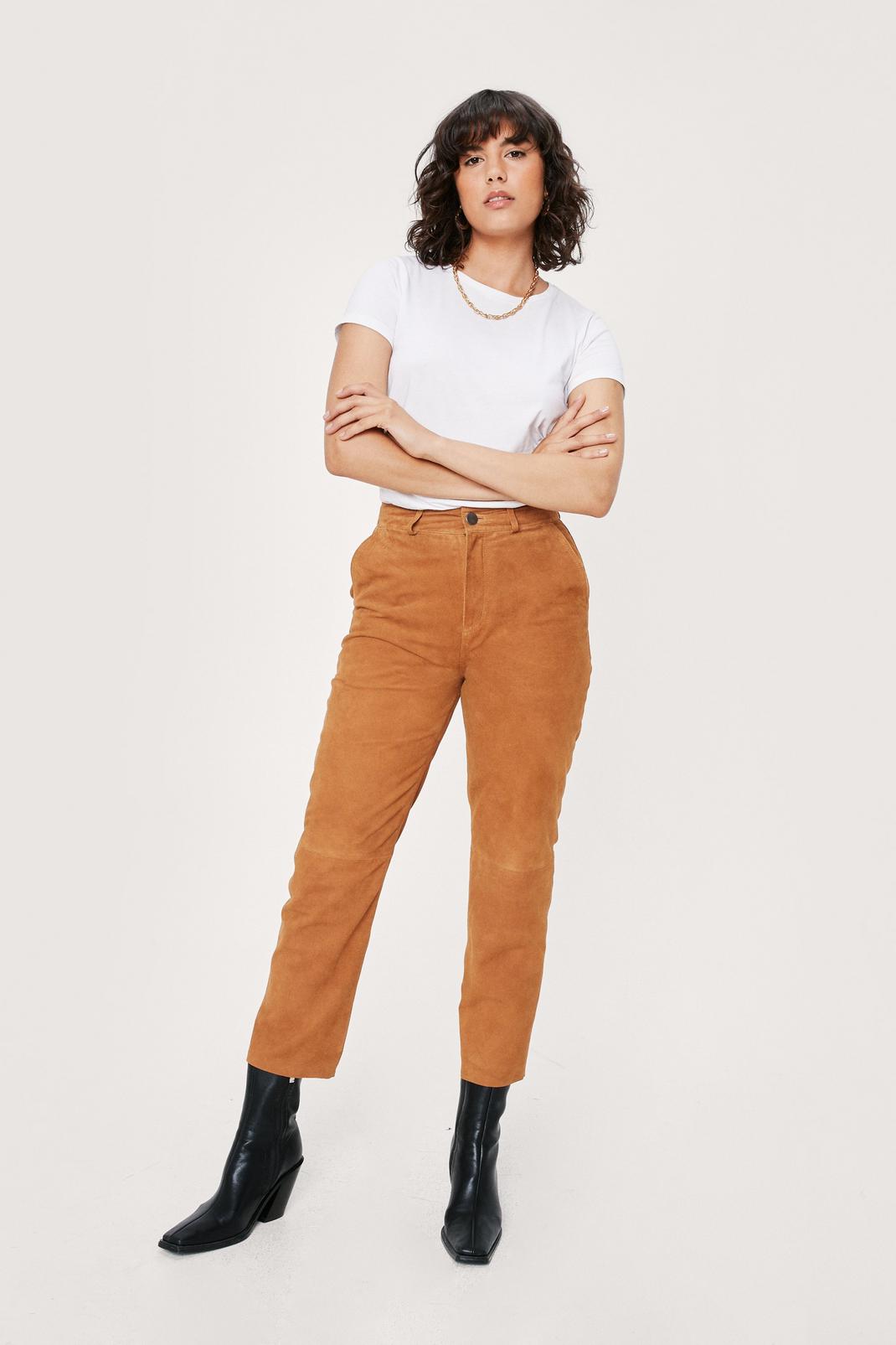 Tan Suede High Waisted Straight Leg Pants image number 1