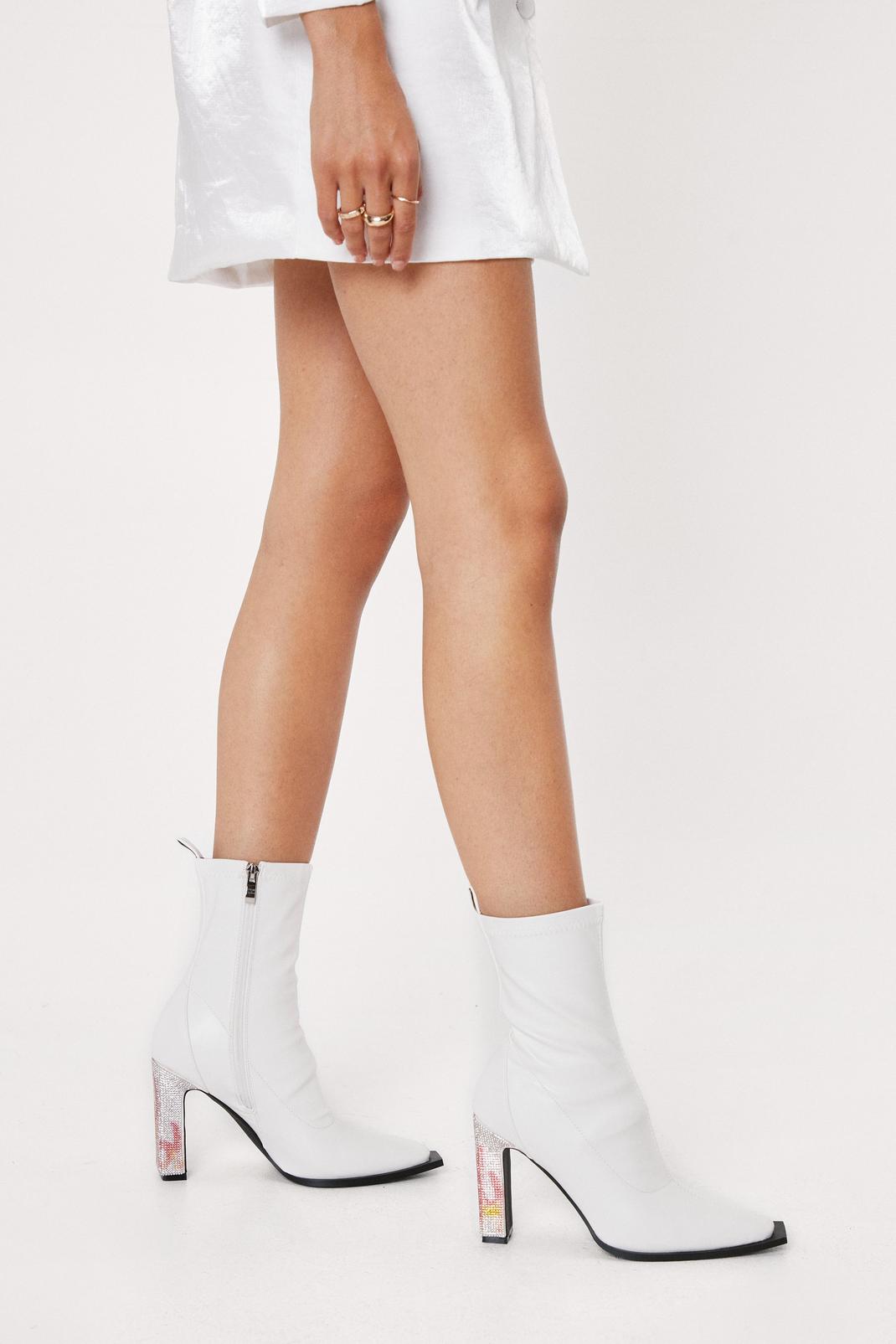 White Faux Leather Diamante Heel Sock Boots image number 1