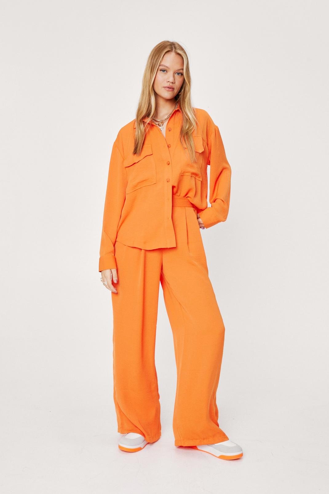 Pantalon large effet lin à détails pincés, Orange image number 1