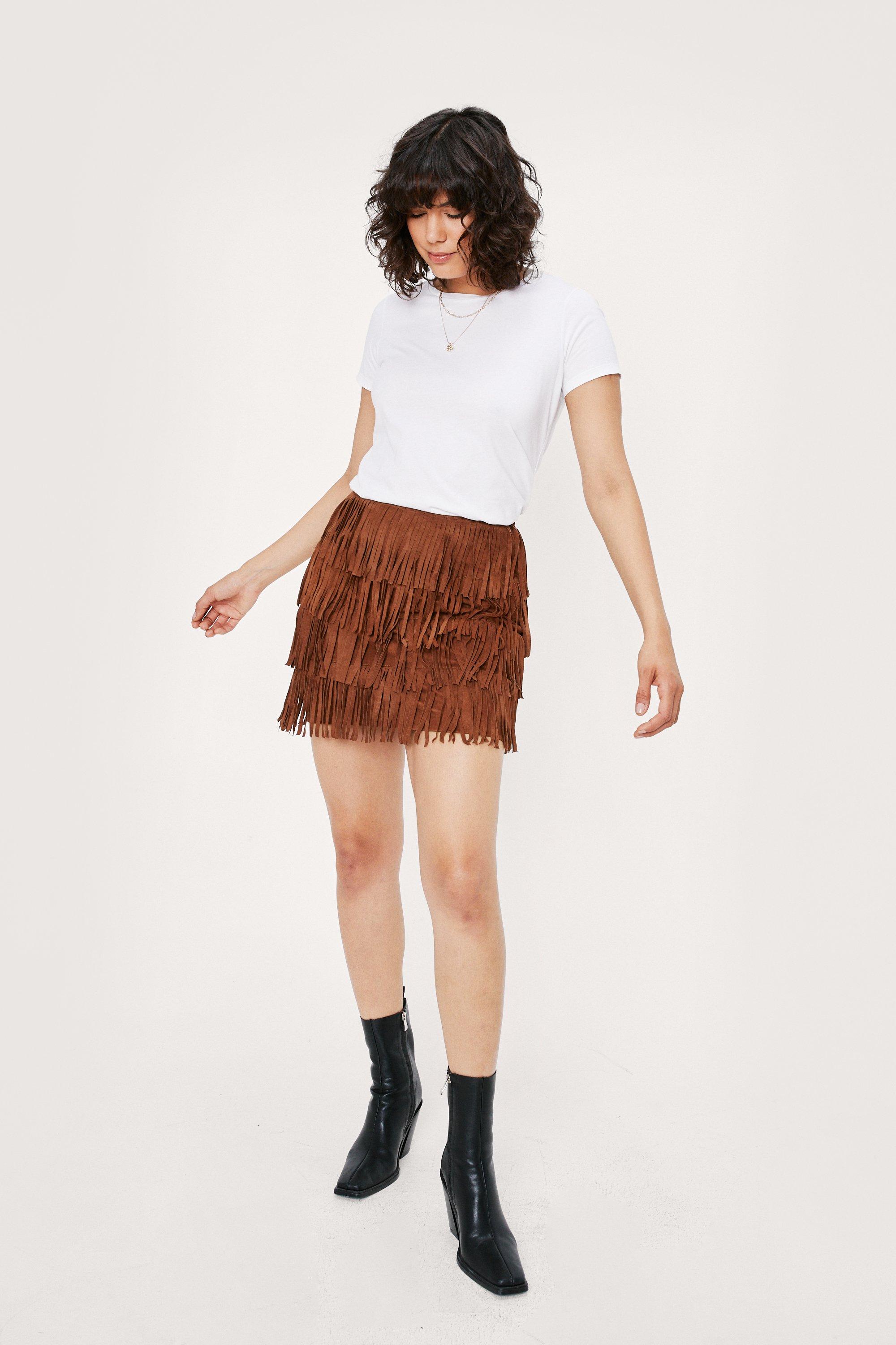 Brown suede 2025 fringe mini skirt