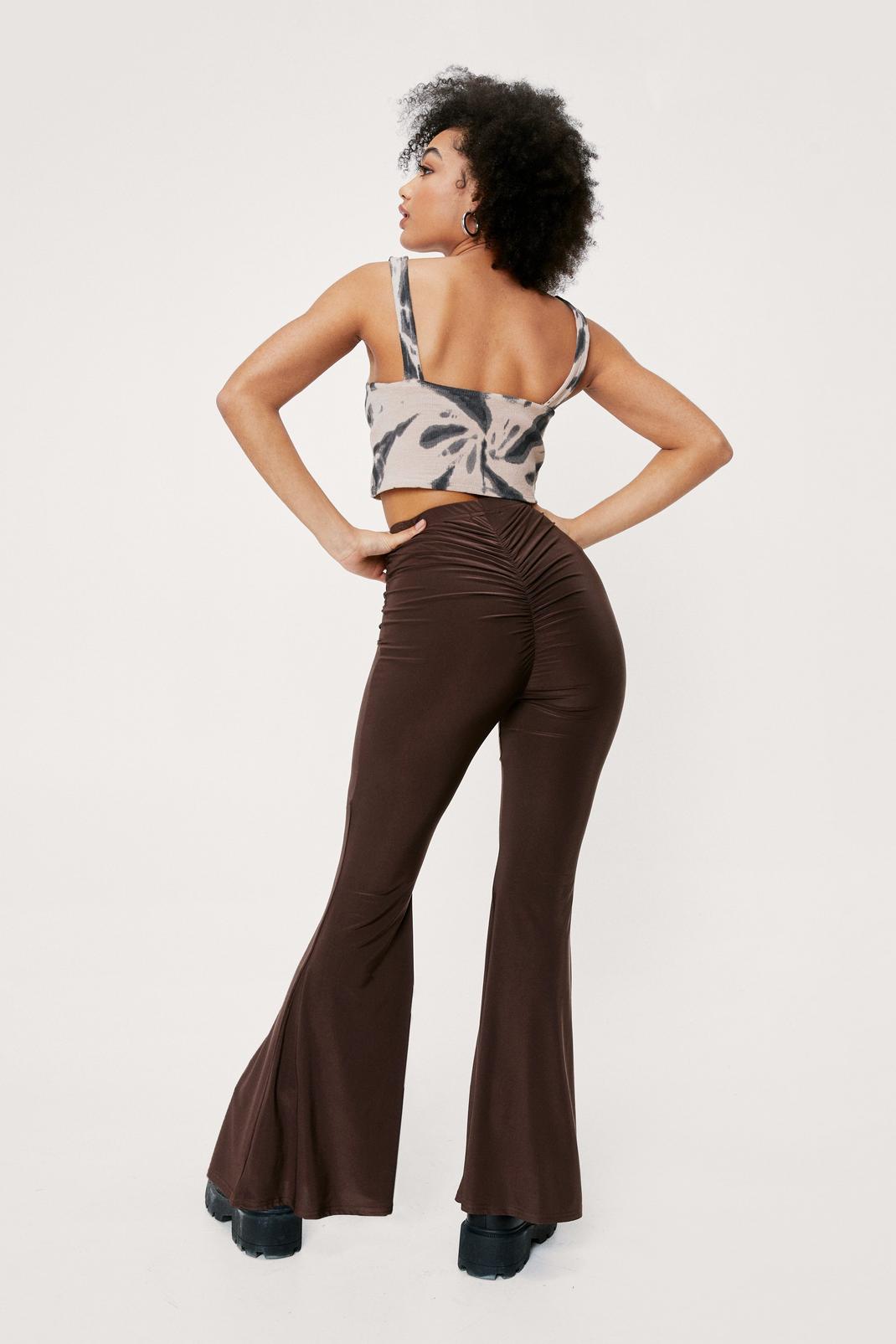 Chocolate Petite Ruched High Waisted Flare Trousers image number 1