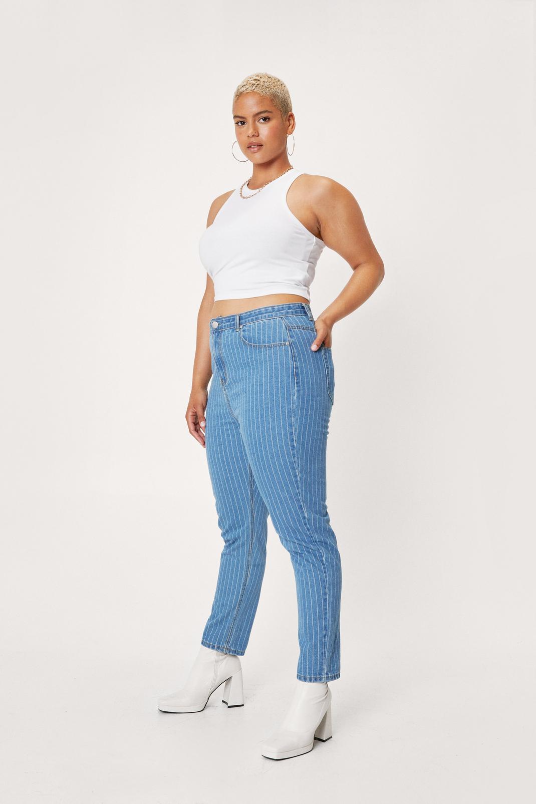 Plus Size Pinstripe Mom Jean, Blue image number 1