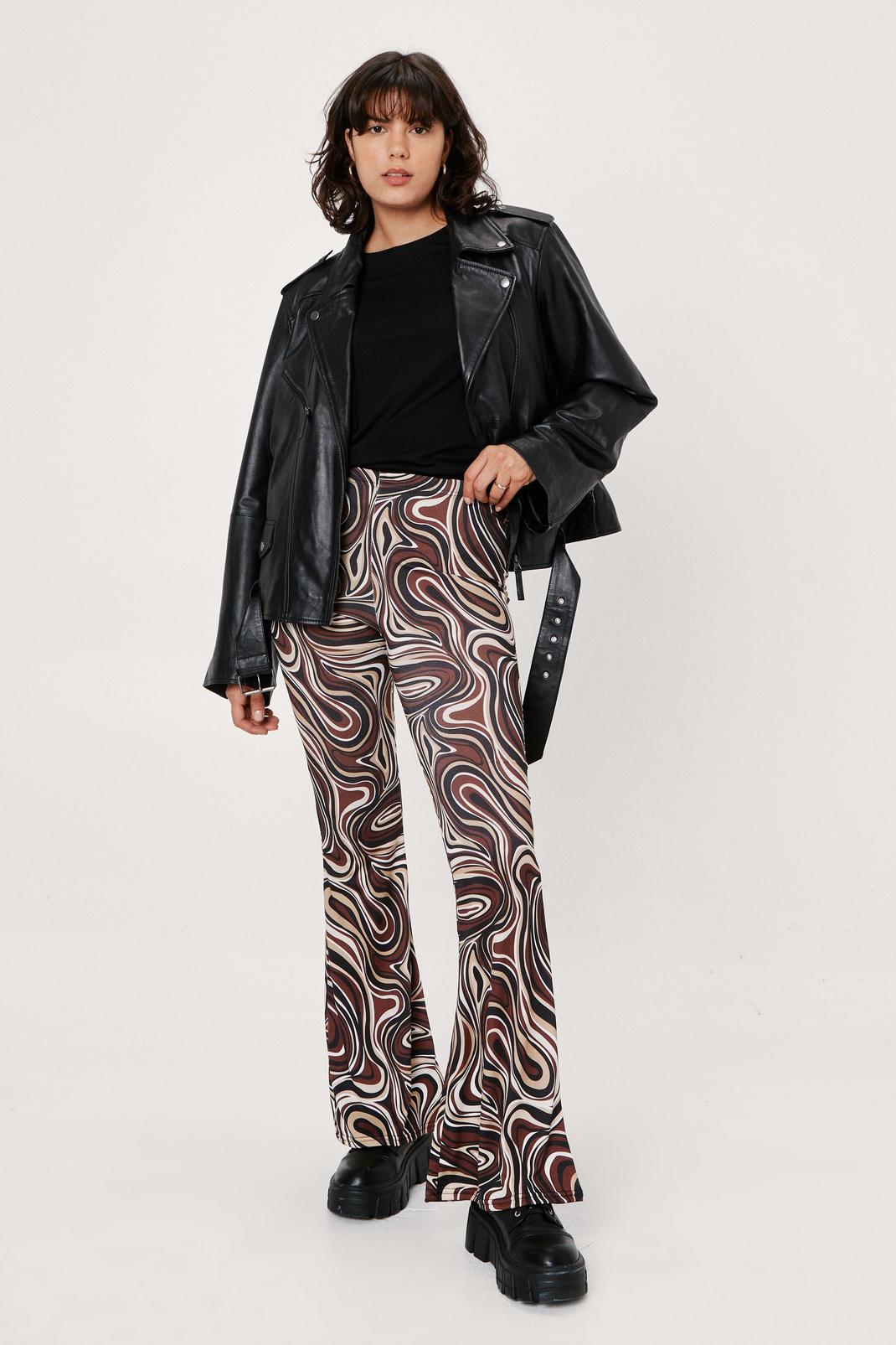 Brown Swirl Print Flared Trousers image number 1