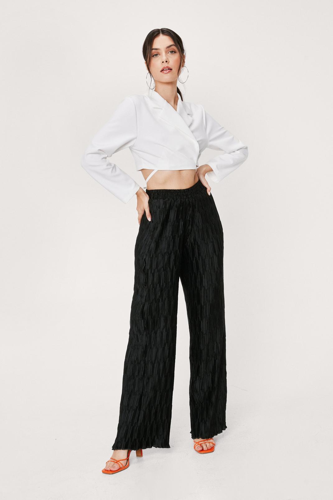 Black High Waisted Plisse Wide Leg Trousers image number 1