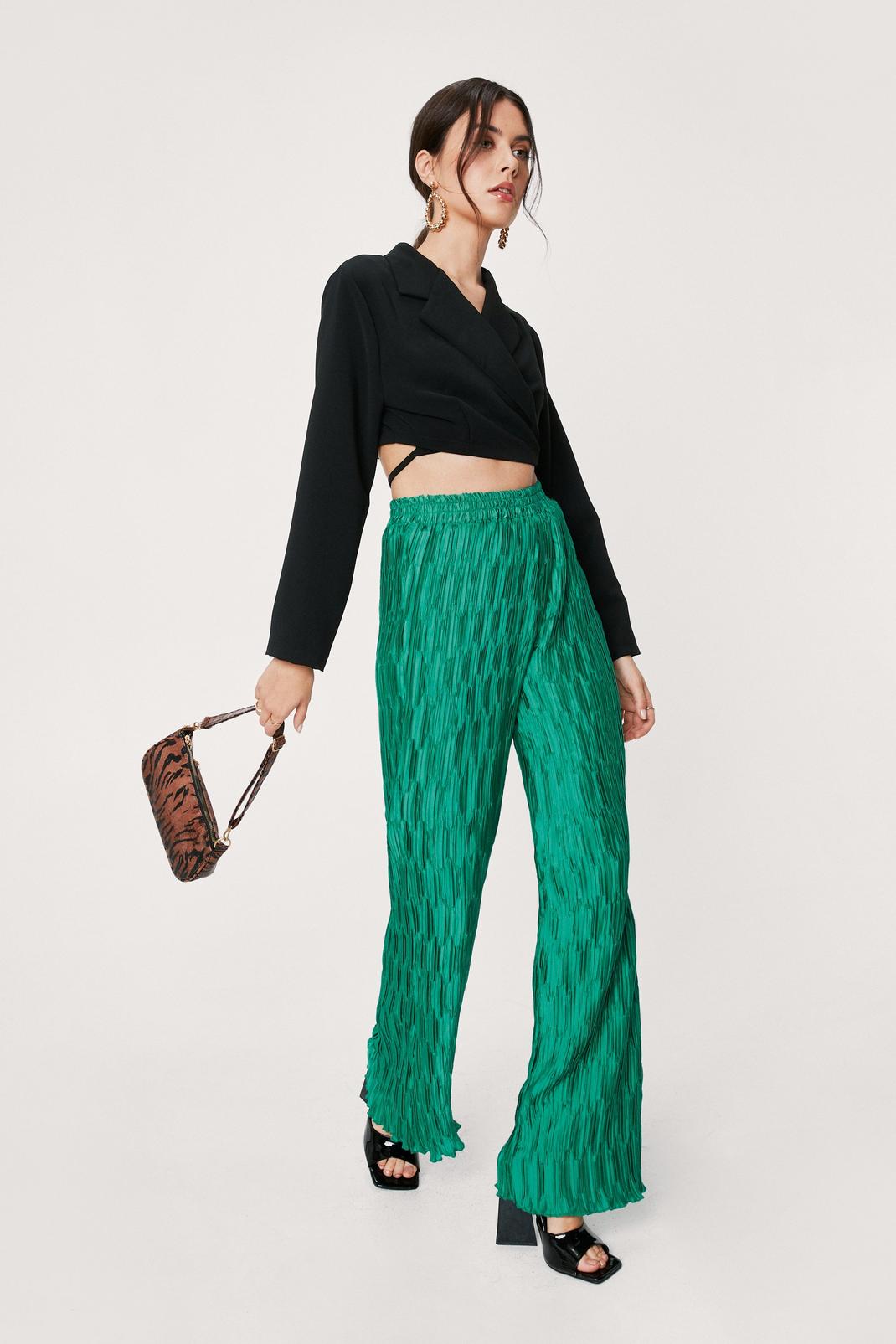Green High Waisted Plisse Wide Leg Trousers image number 1