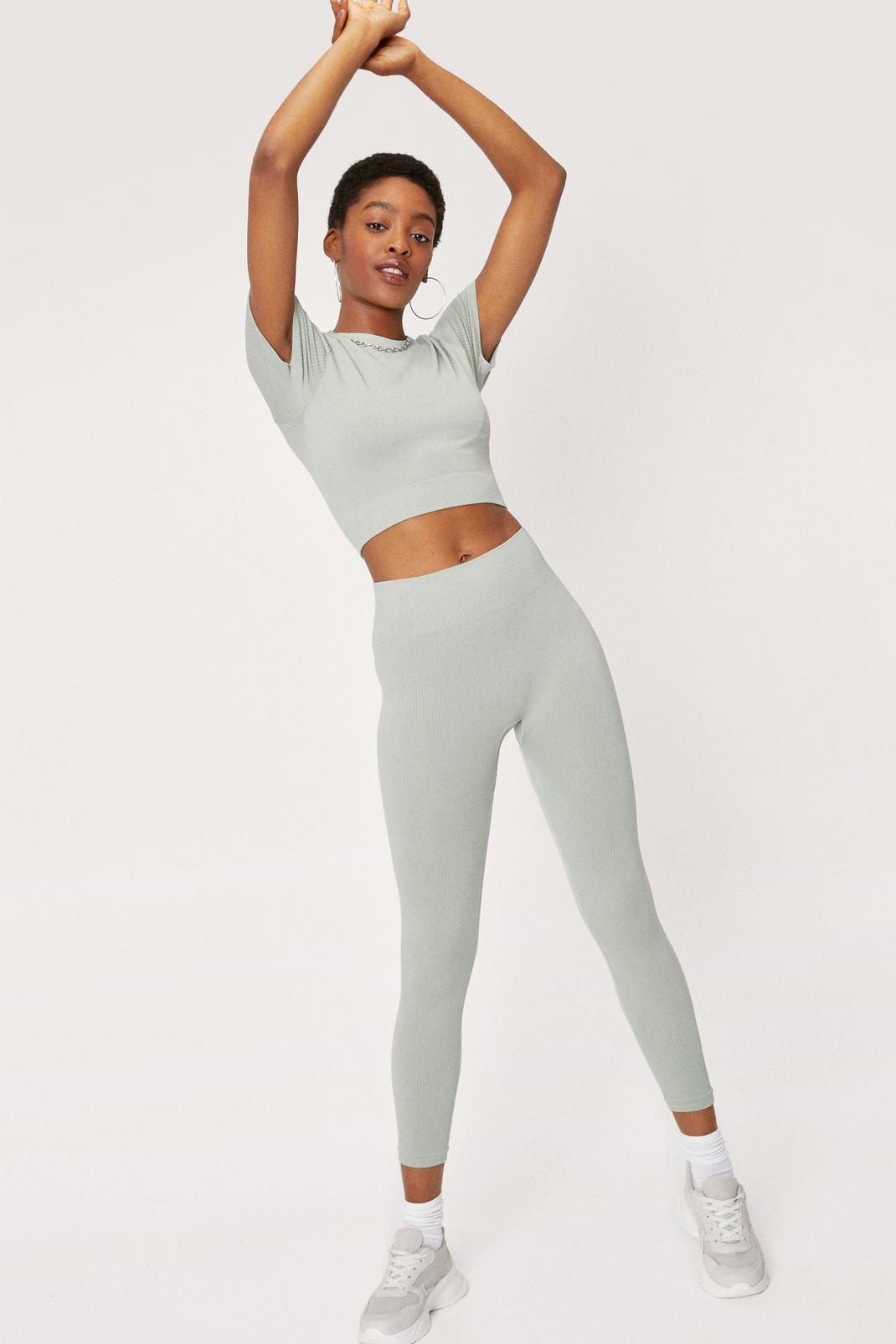 Sage Round Neck Crop Sculpted Seamless Top and Leggings Set image number 1