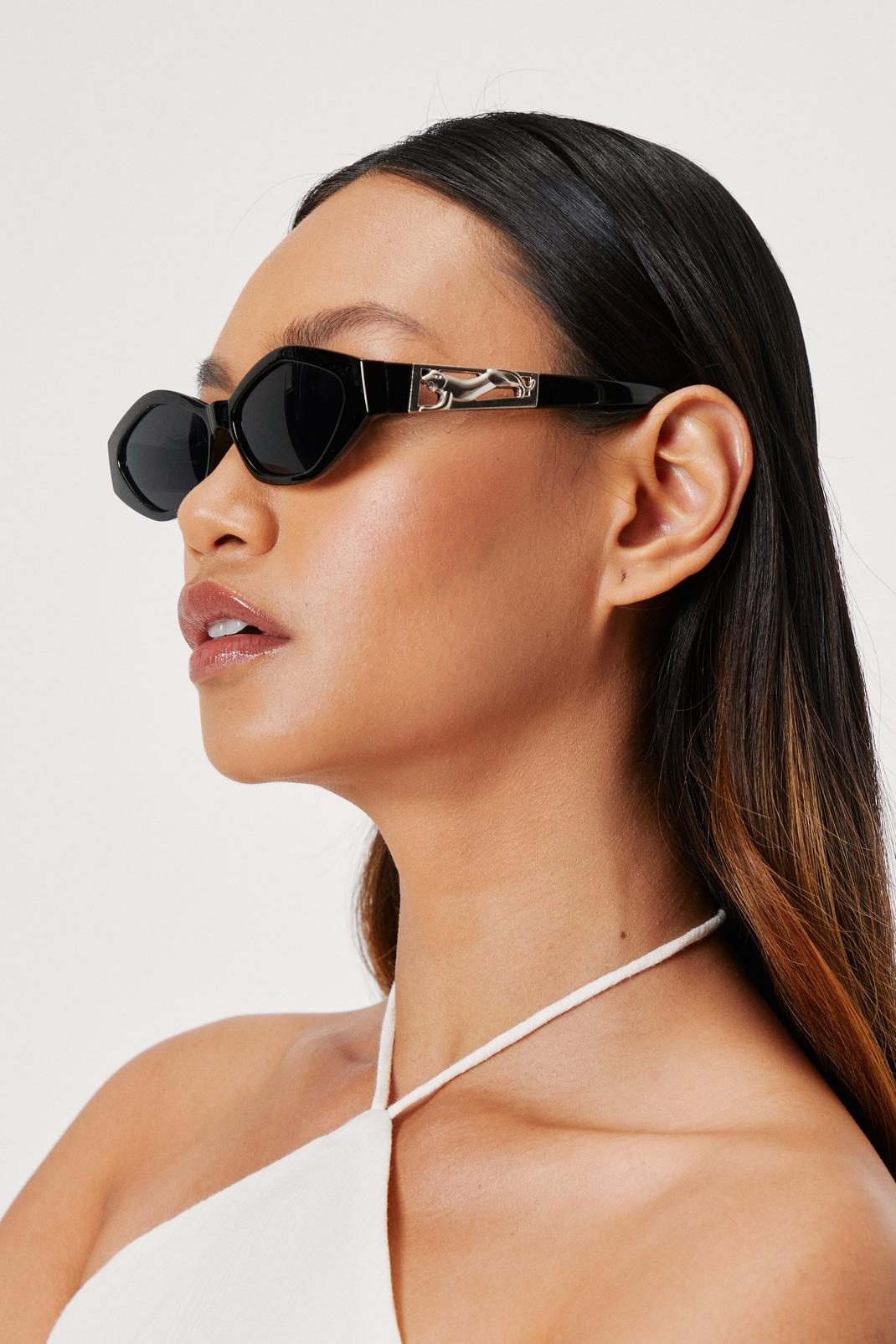 Black Slim Almond Frame Pantsher Detail Sunglasses image number 1