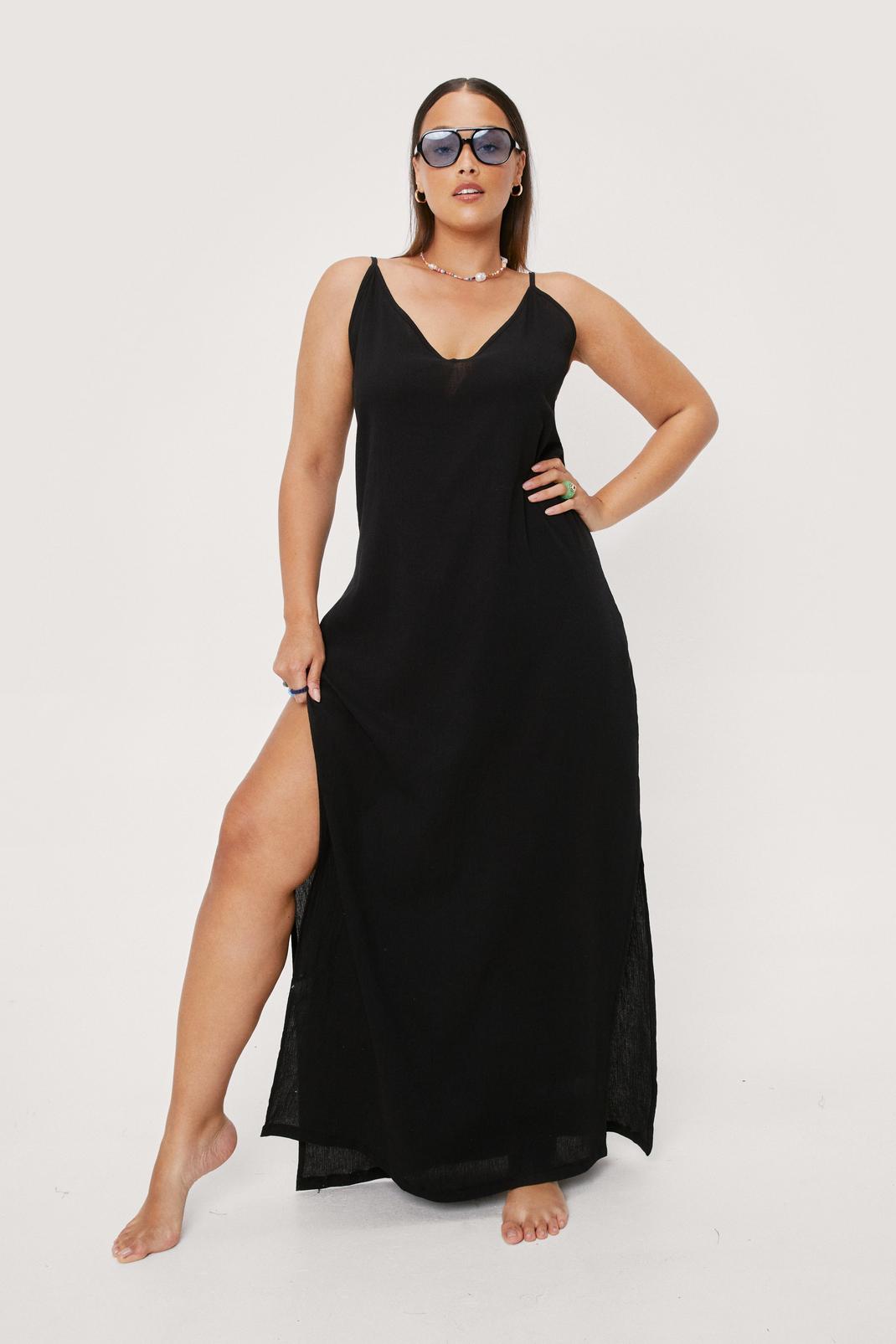 Black Plus Size Split Hem Beach Cover Up Maxi Dress image number 1