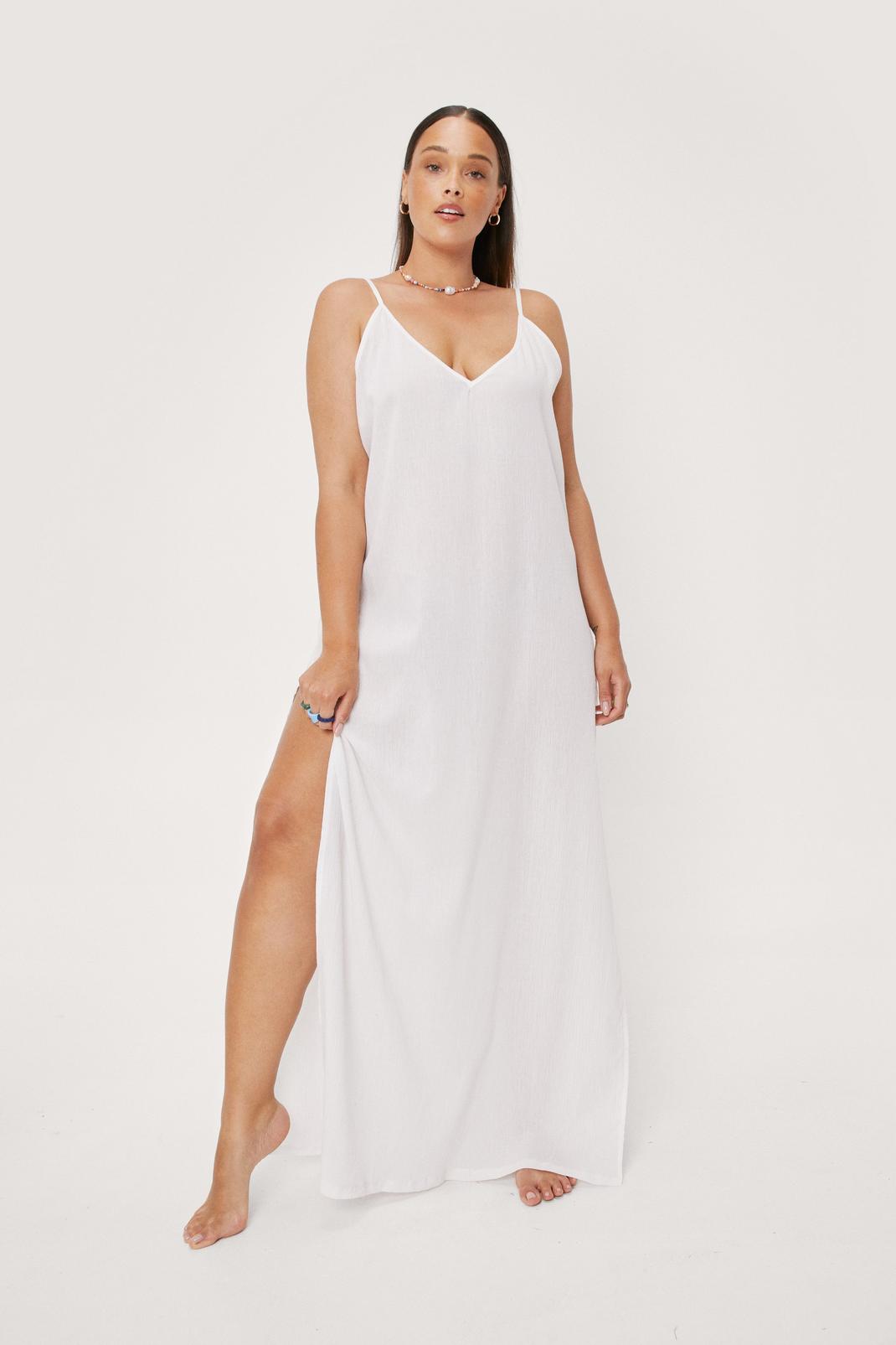 White Plus Size Split Hem Beach Cover Up Maxi Dress image number 1