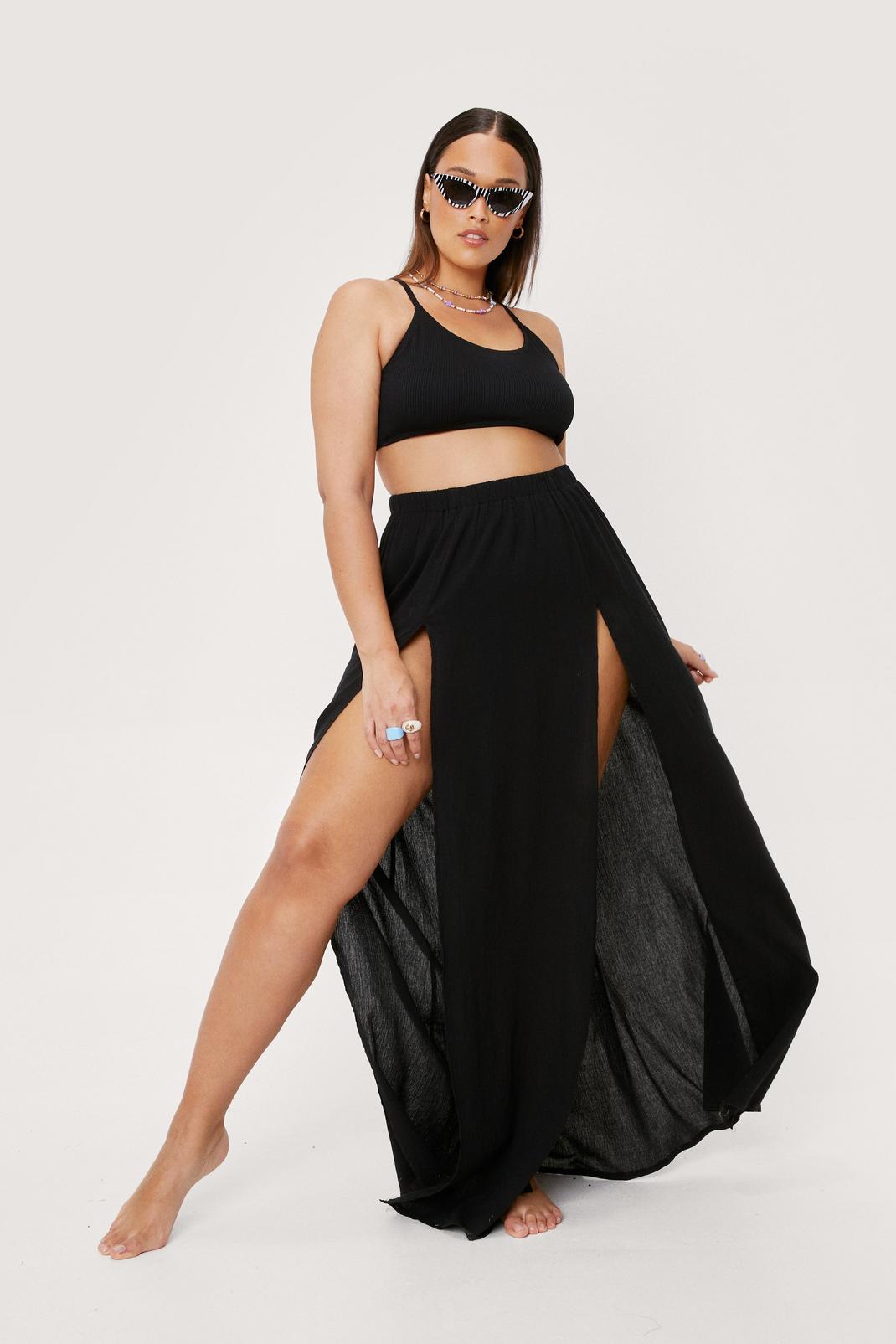 Black Plus Size Split Hem Maxi Beach Cover Up Skirt image number 1