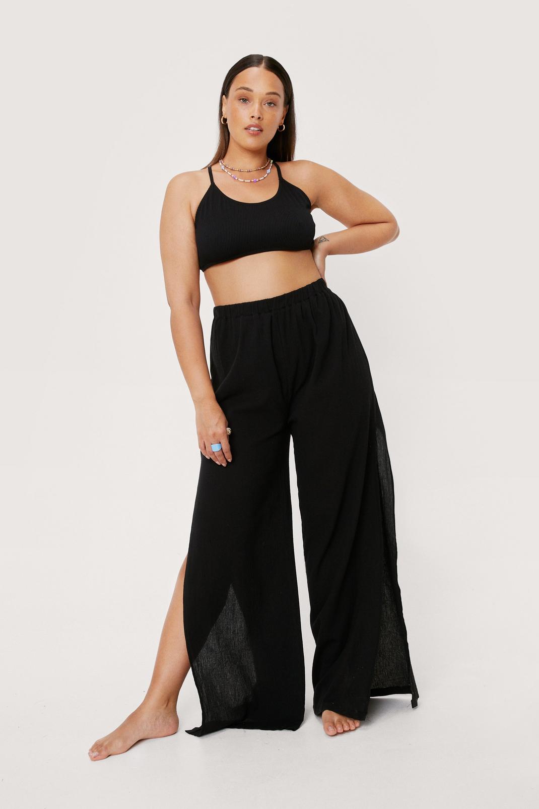 Black Plus Size Split Hem Crinkle Beach Cover Up Trousers image number 1