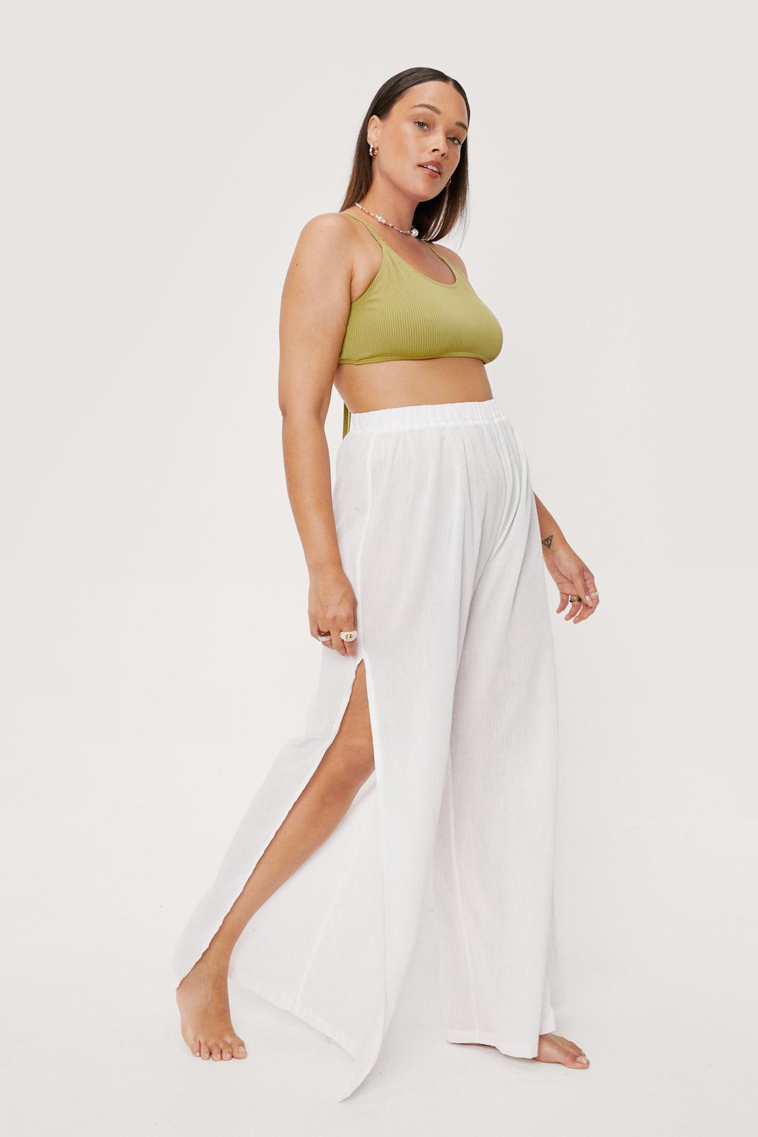 White Plus Size Split Hem Crinkle Beach Cover Up Trousers image number 1