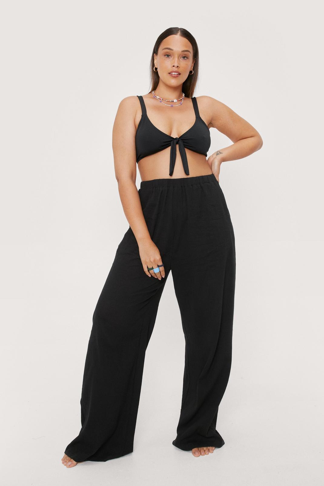 Black Plus Size Crinkle Wide Leg Cover Up Trousers image number 1