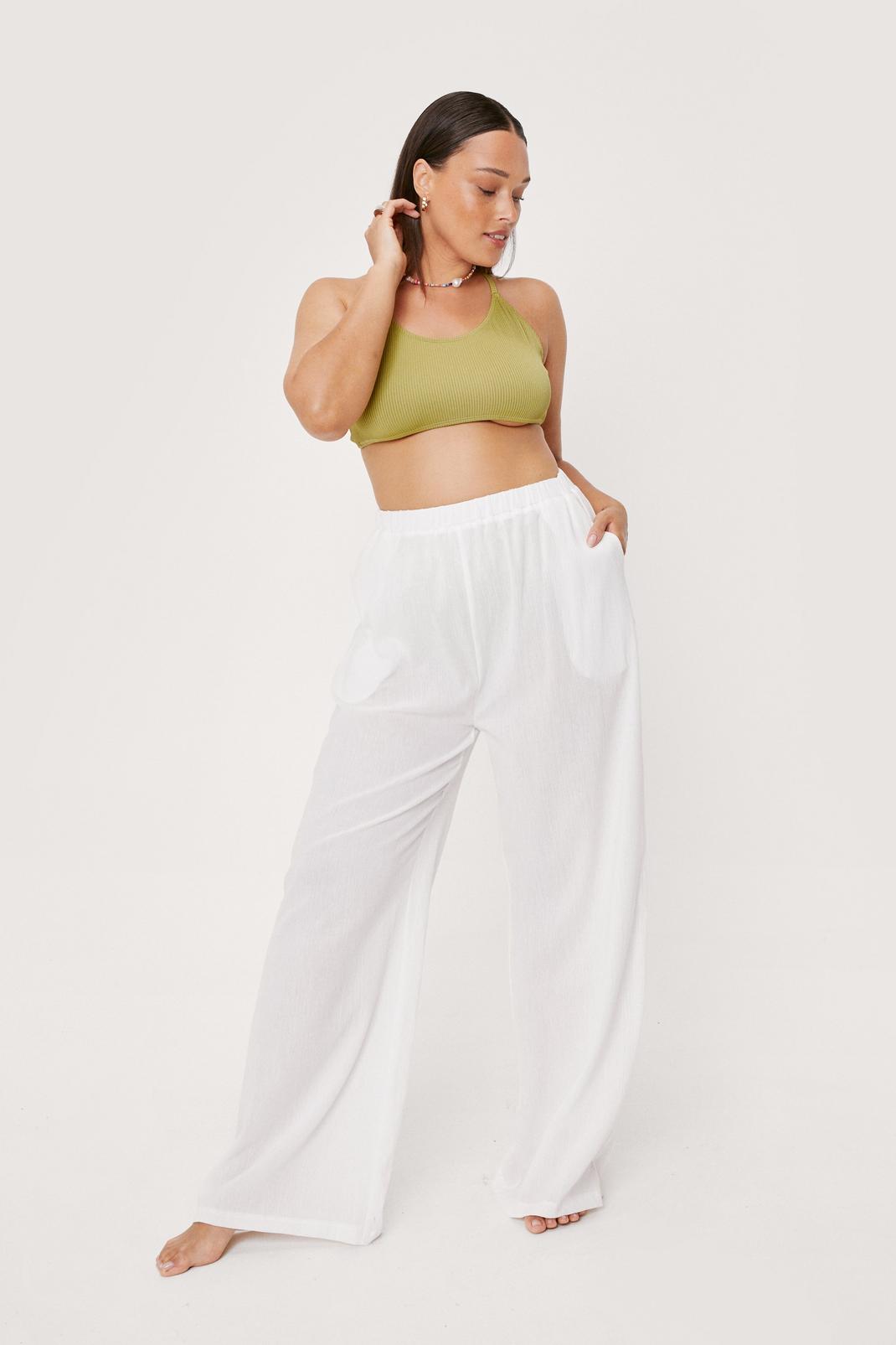 White Plus Size Crinkle Wide Leg Cover Up Pants image number 1