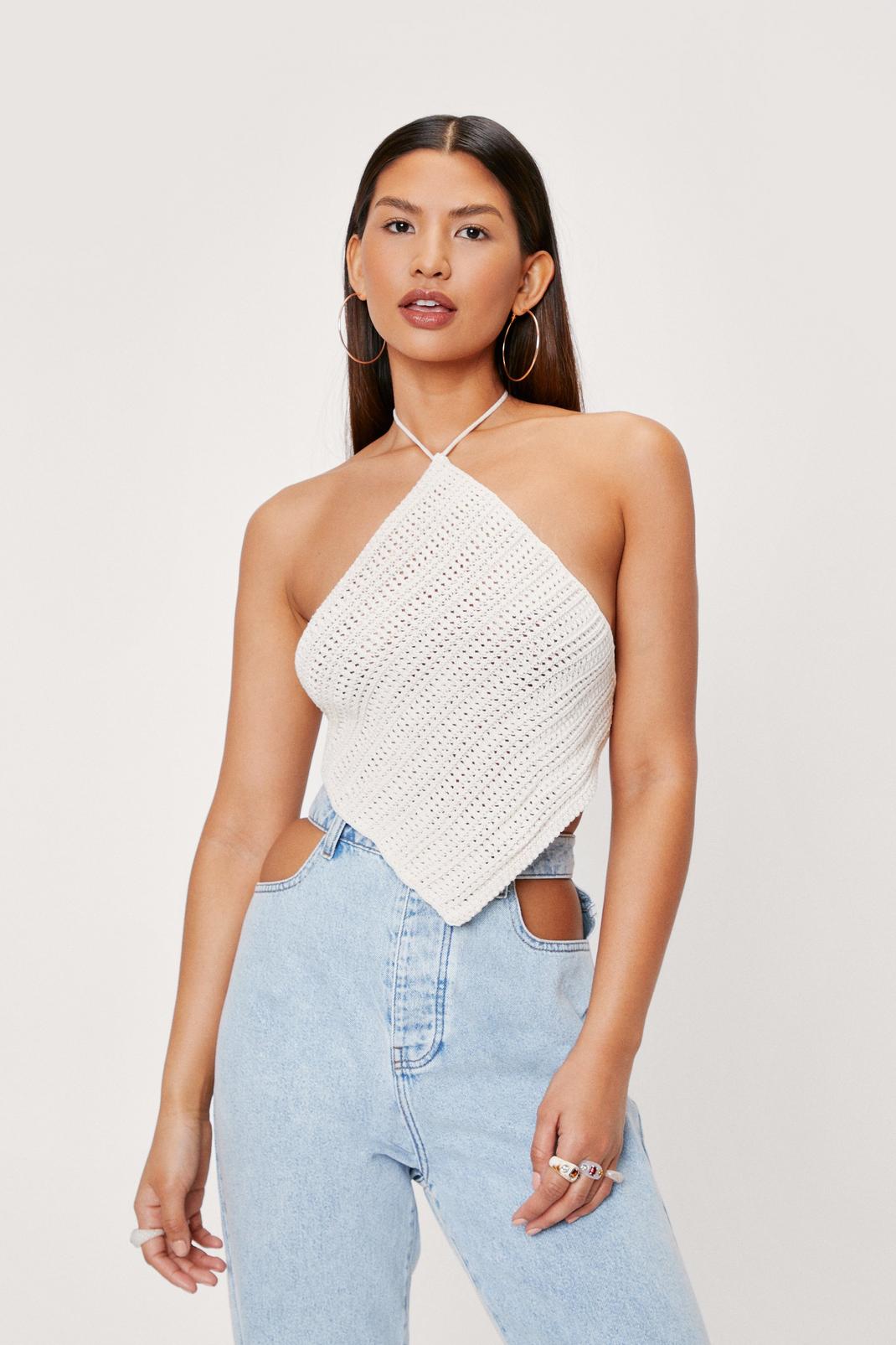 Ecru Crochet Halter Neck Strappy Knitted Top image number 1