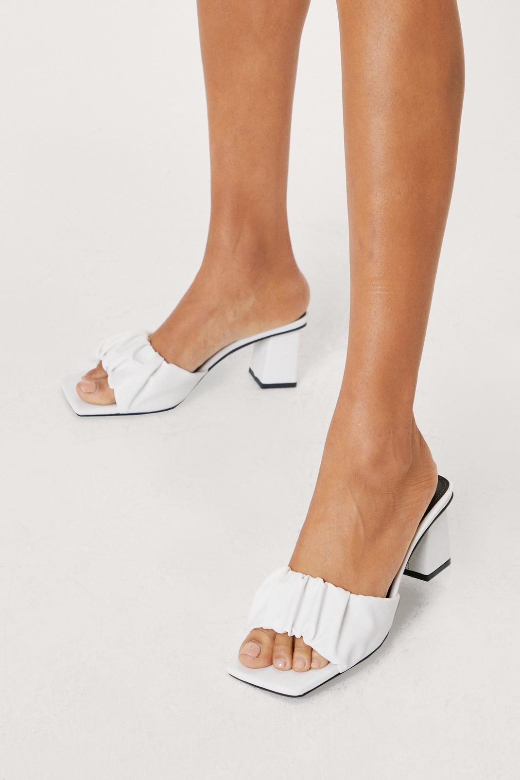 White Faux Leather Square Toe Ruched Mules image number 1