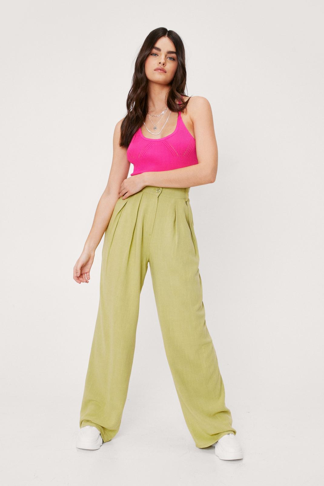 Lime Pleat Front Wide Leg Linen Look Trousers image number 1