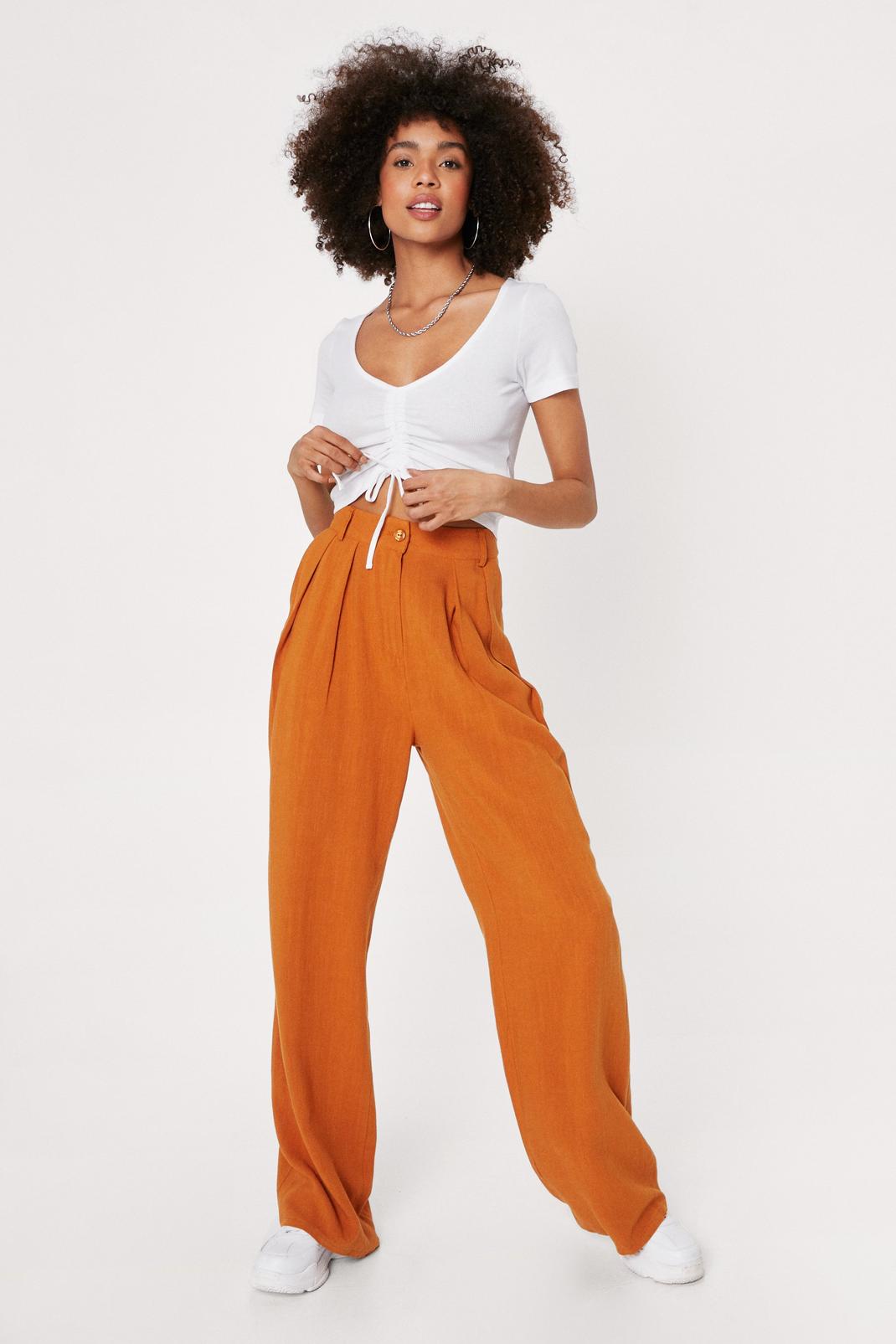 Rust Pleat Front Wide Leg Linen Look Trousers image number 1