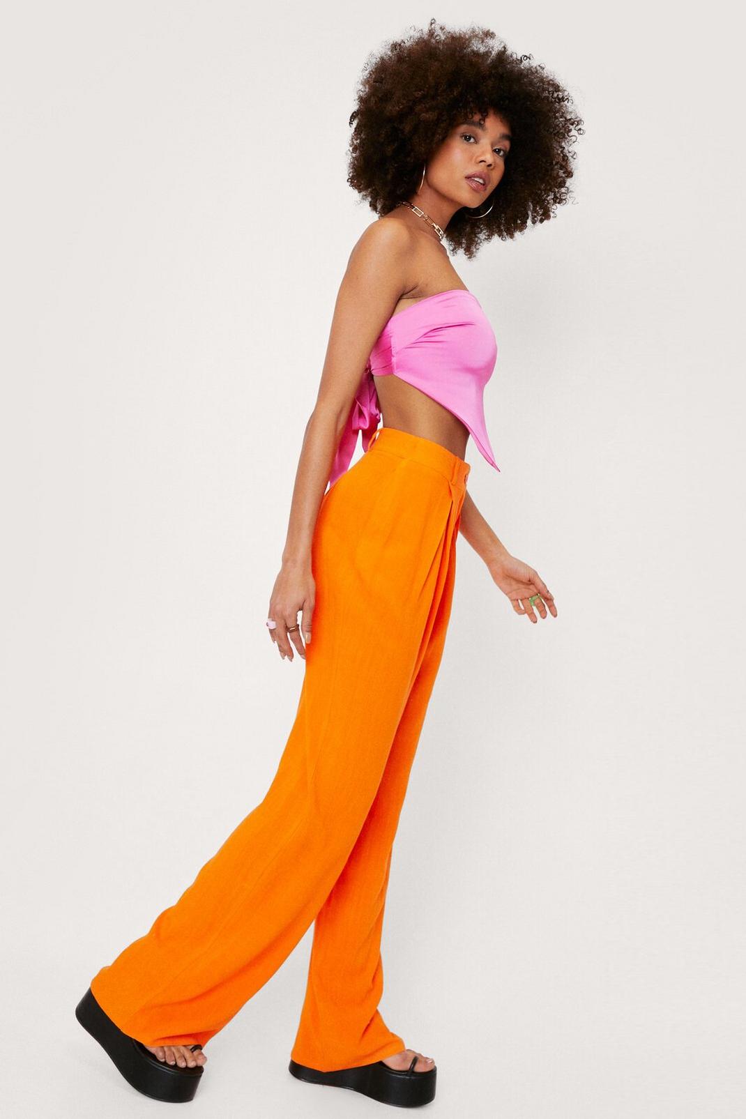 Orange Pleated Linen High Waisted Wide Leg Pants image number 1