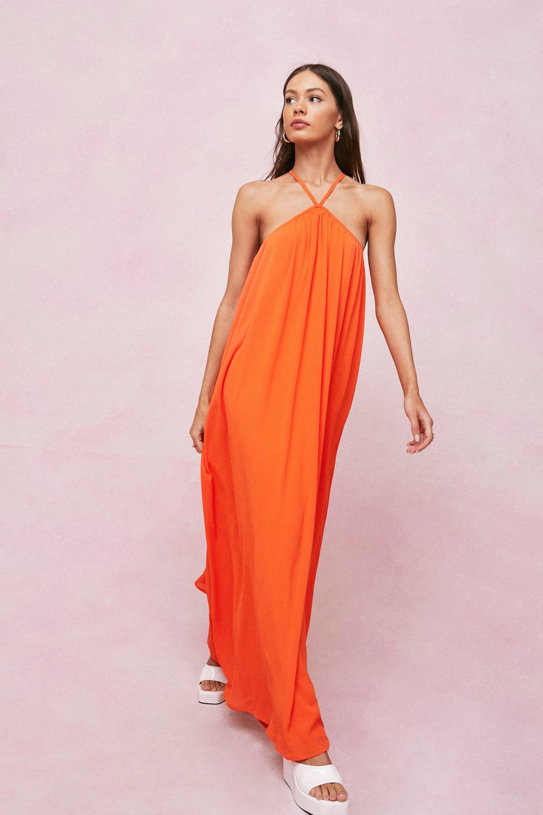 Orange Chiffon Halter Neck Pleated Maxi Dress image number 1
