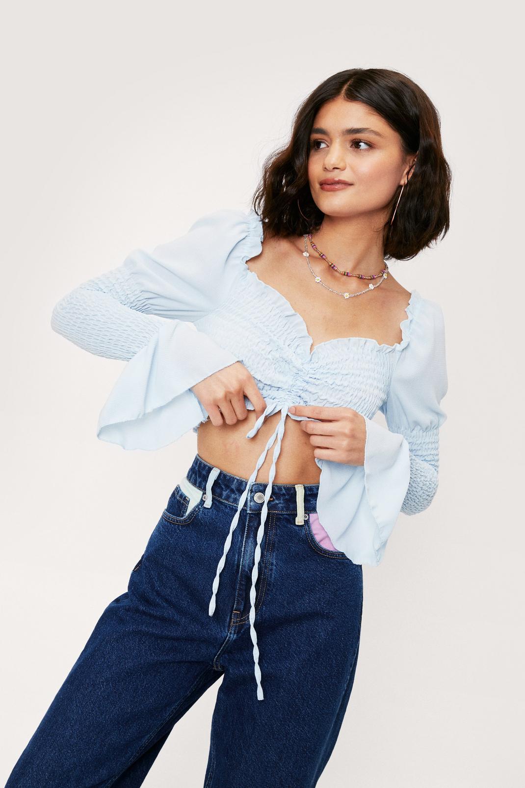 Blue Shirred Tie Frontcrop Blouse image number 1