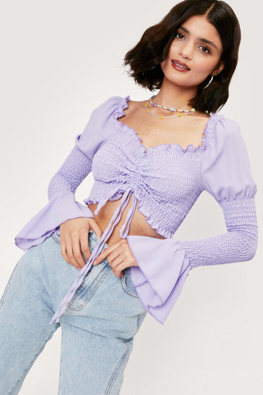 Lilac Shirred Tie Frontcrop Blouse image number 1