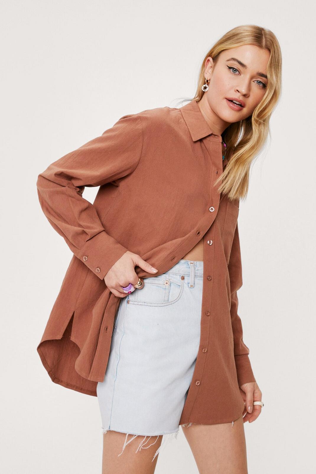 Tan Linen Look Oversized Long Sleeved Shirt image number 1