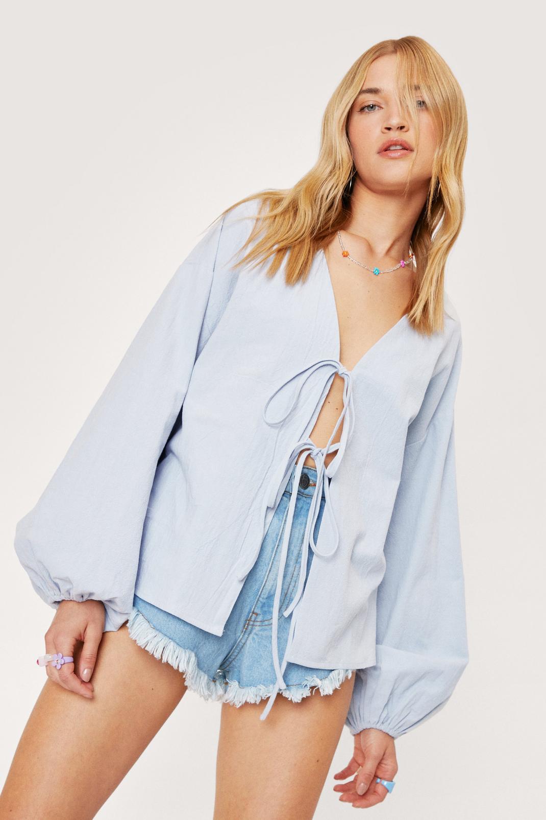 Baby blue Linen Look Tie Front Long Sleeve Blouse image number 1