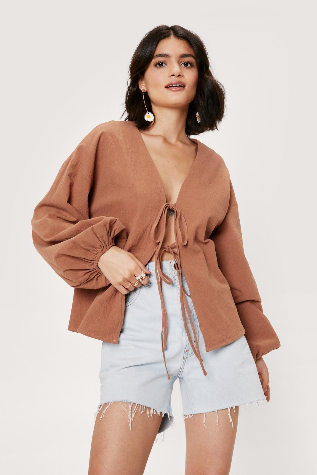 Tan Linen Look Tie Front Long Sleeve Blouse image number 1