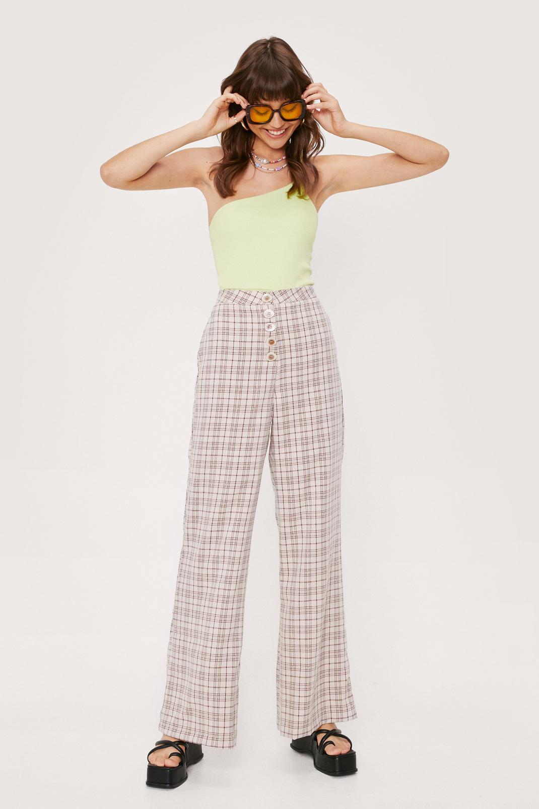 Light beige Textured Check Print Wide Leg Trousers image number 1