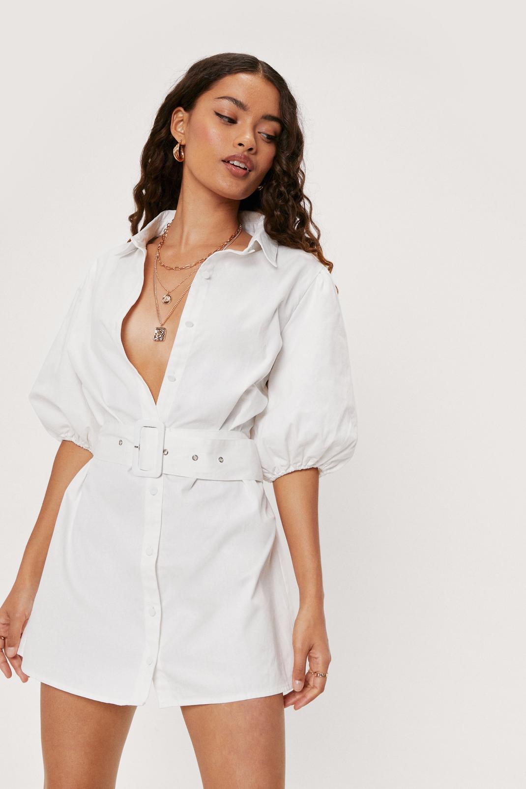 White Petite Puff Sleeve Belted Shirt Dress image number 1