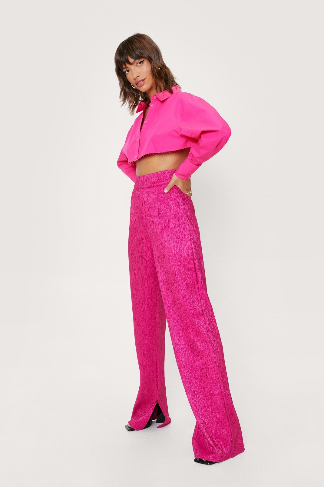 Hot pink Textured Jacquard Split Hem Pants image number 1